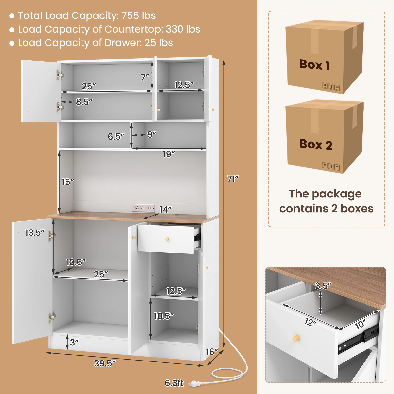 SUGIFT 71-in Tall 330-lb Countertop White Pantry Cabinet with 2 AC Outlets 2 USB Ports and Adjustable Shelves