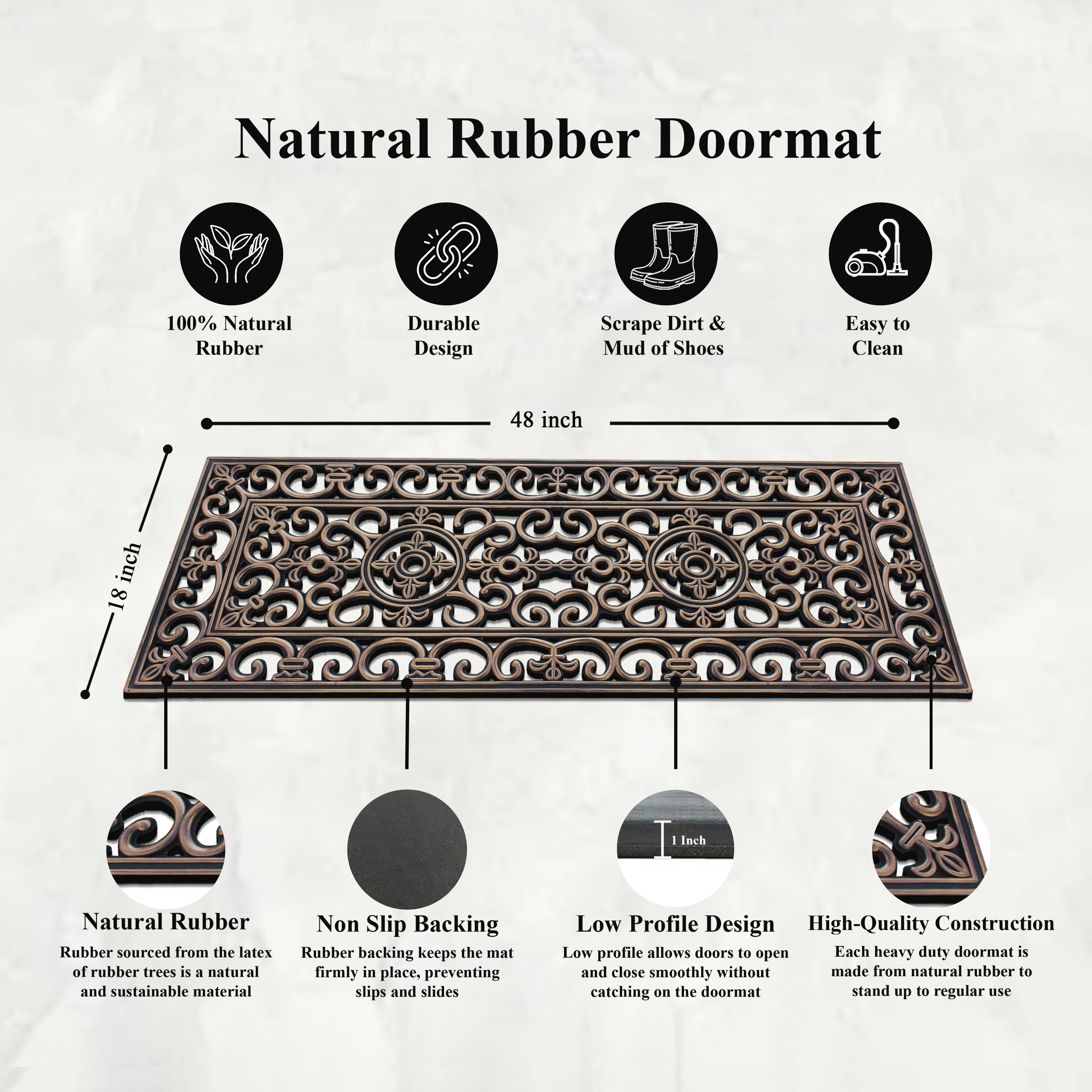 A1 Home Collections Natural Rubber Outdoor Doormat Heavy Duty Non-Slip Door Mat, Rubber Grill Copper, 18 x 48 Inches