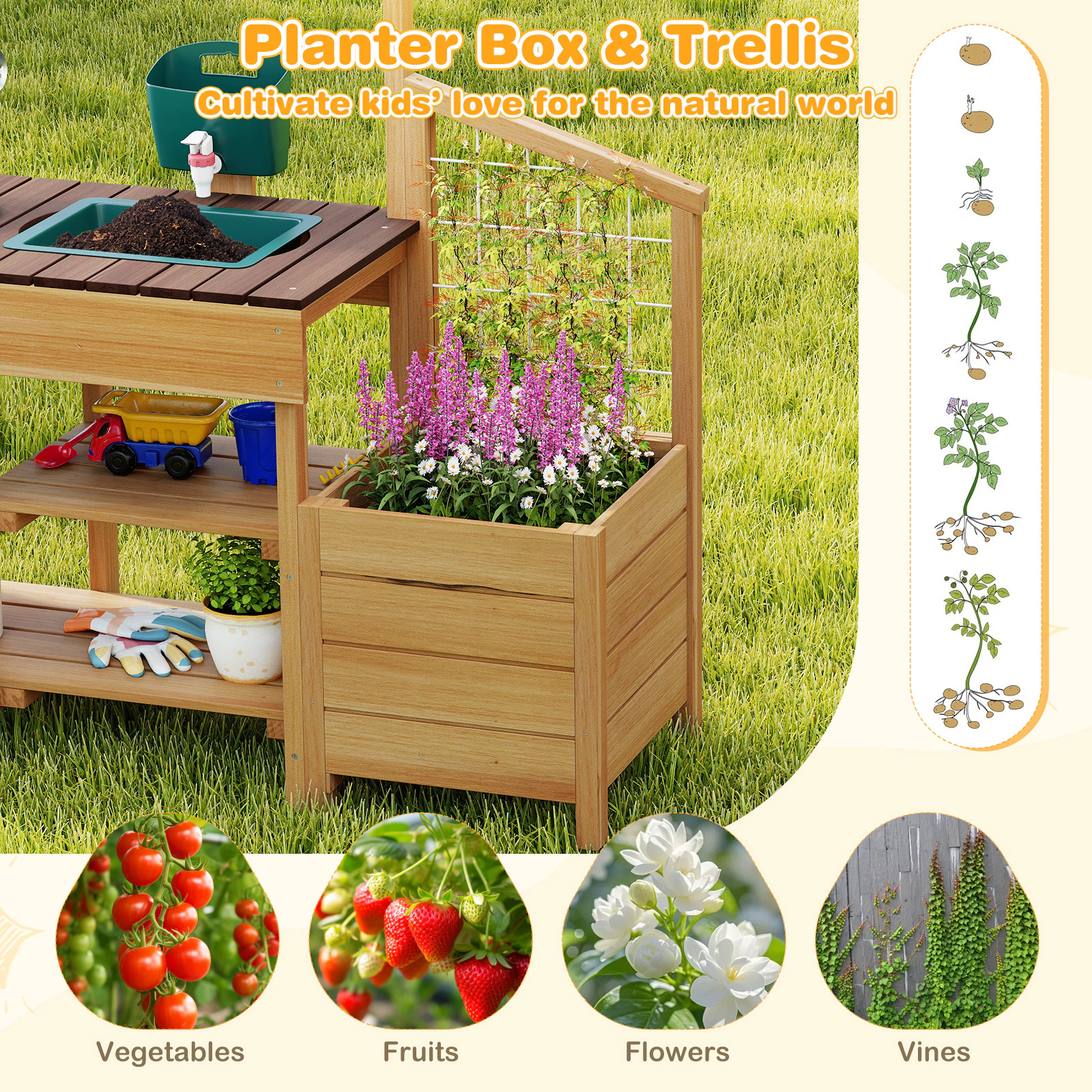 SUGIFT Planter Boxes Faucet and Cookware Kids Outdoor Wooden Mud Kitchen