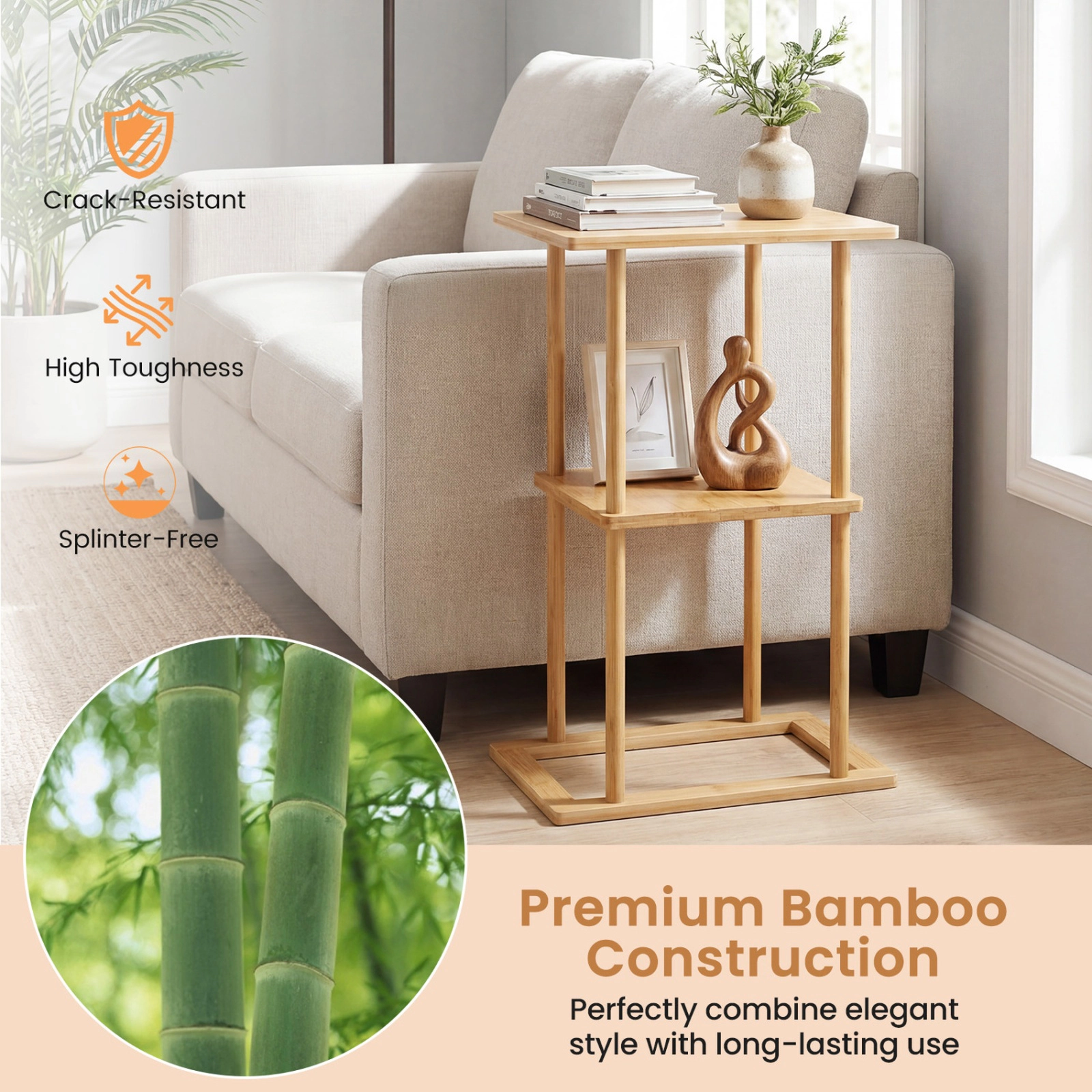 SUGIFT 2-Tier Side Tables with Rectangular Base 22-lb Top Shelf Capacity 13-lb Middle Shelf Capacity Natural