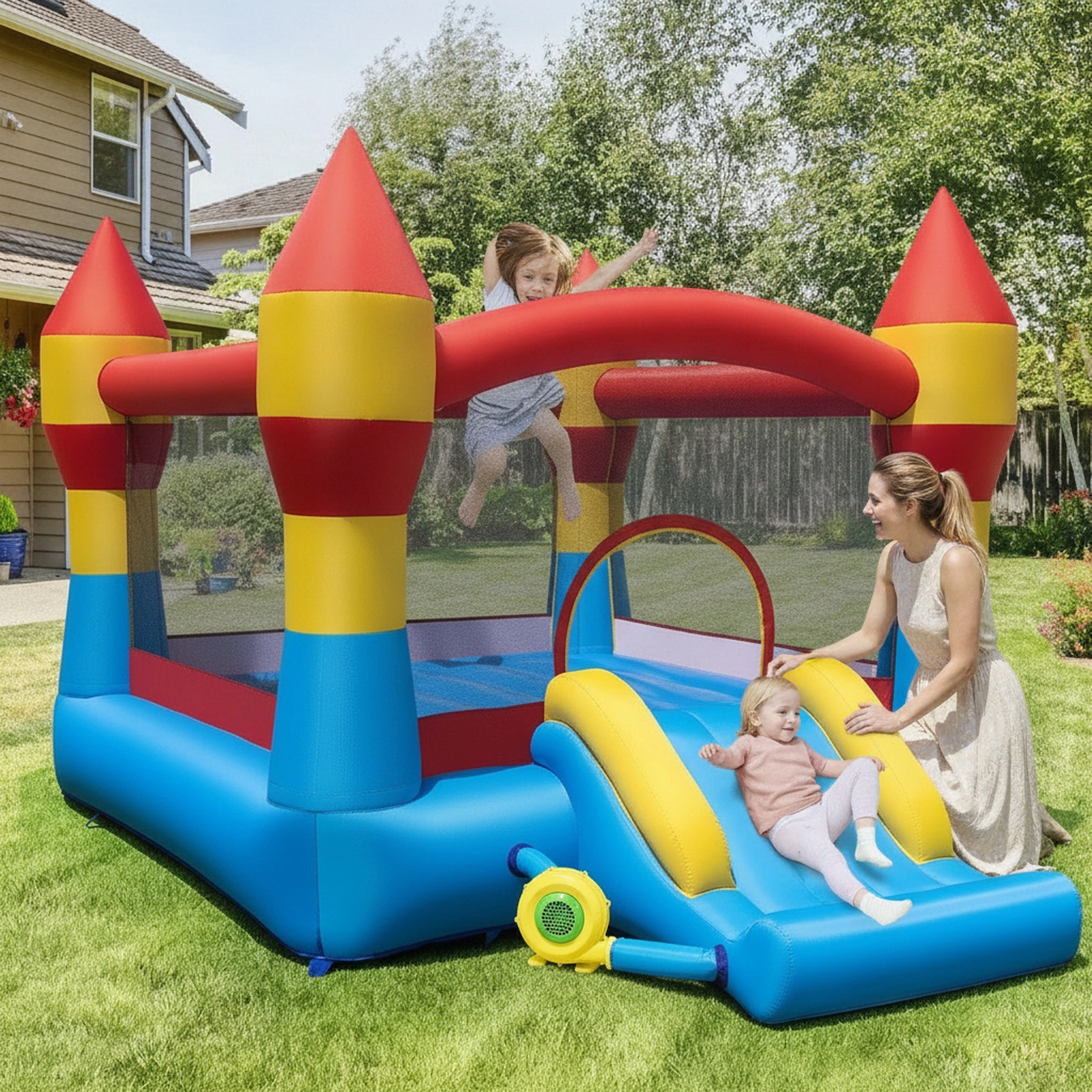 3-in-1 Kids Inflatable Bouncer with Slide Basketball Hoop Crawl-Thru Door and 480W Blower for Yard 200-lb Capacity