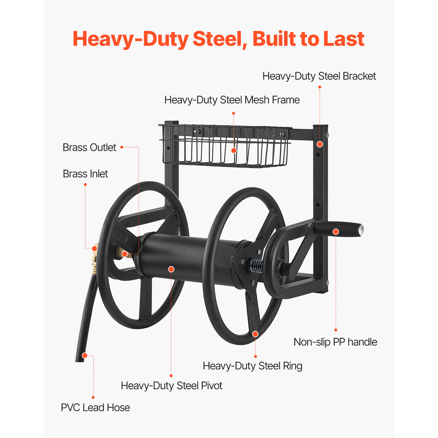 HONGGE Heavy-Duty Wall Mounted Garden Hose Reel Holds 5/8-inch Hose Outdoor Winder