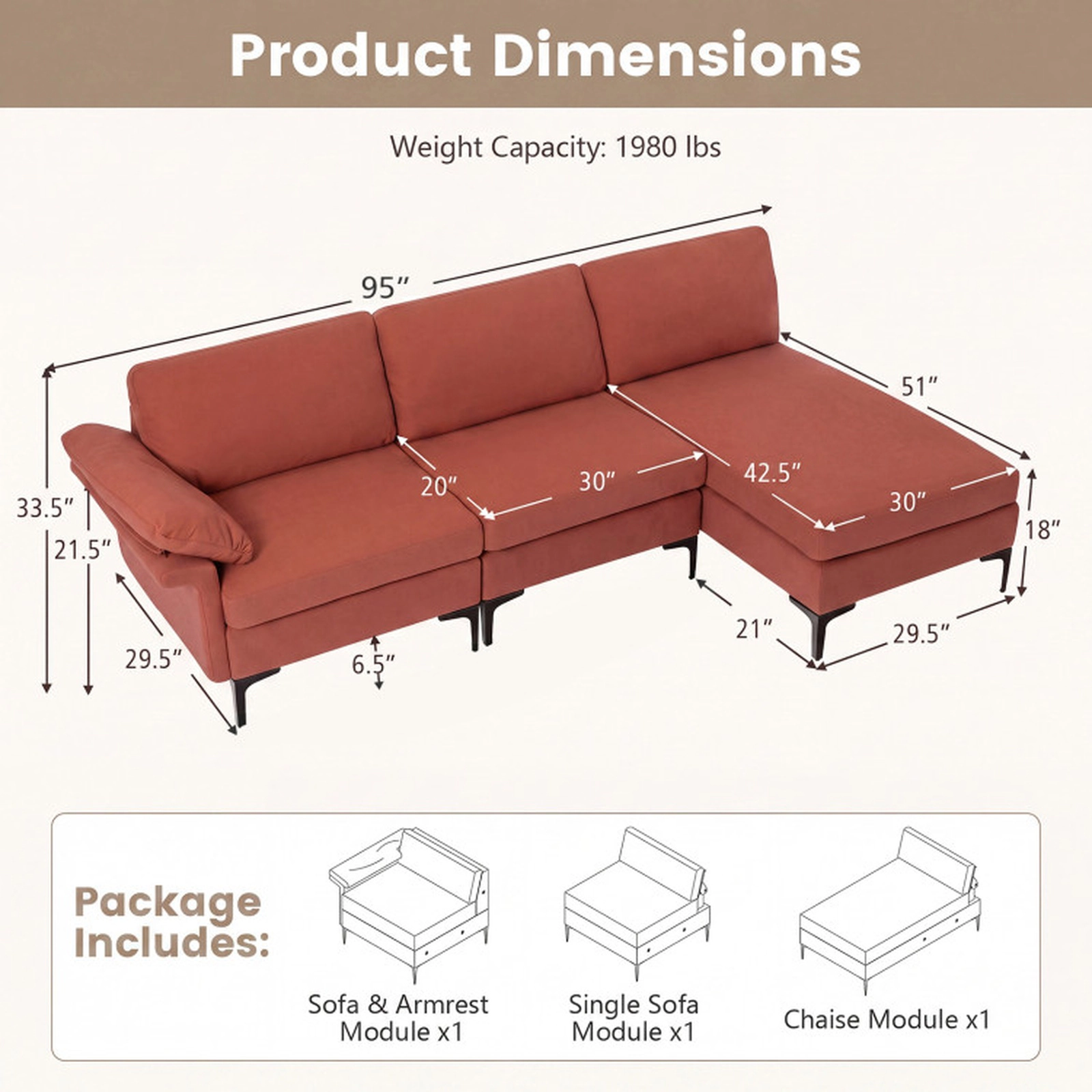 SUGIFT Red L-Shaped Modular Sectional Sofa with Chaise, 2 AC Outlets, 4 USB Ports, Hidden Storage
