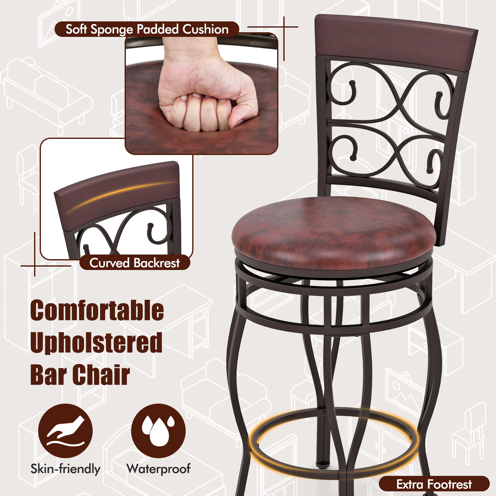 Glintex 2-Piece 26-Inch Counter Stool Set with Backrest and Footrest, Cherry+Brown