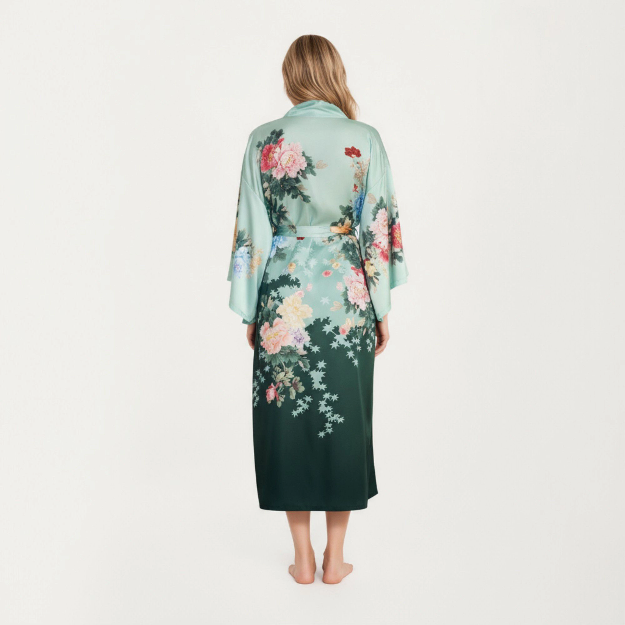 Anna-Kaci Women's Long Satin Floral Print Robe with Waist Tie and Wide Sleeves