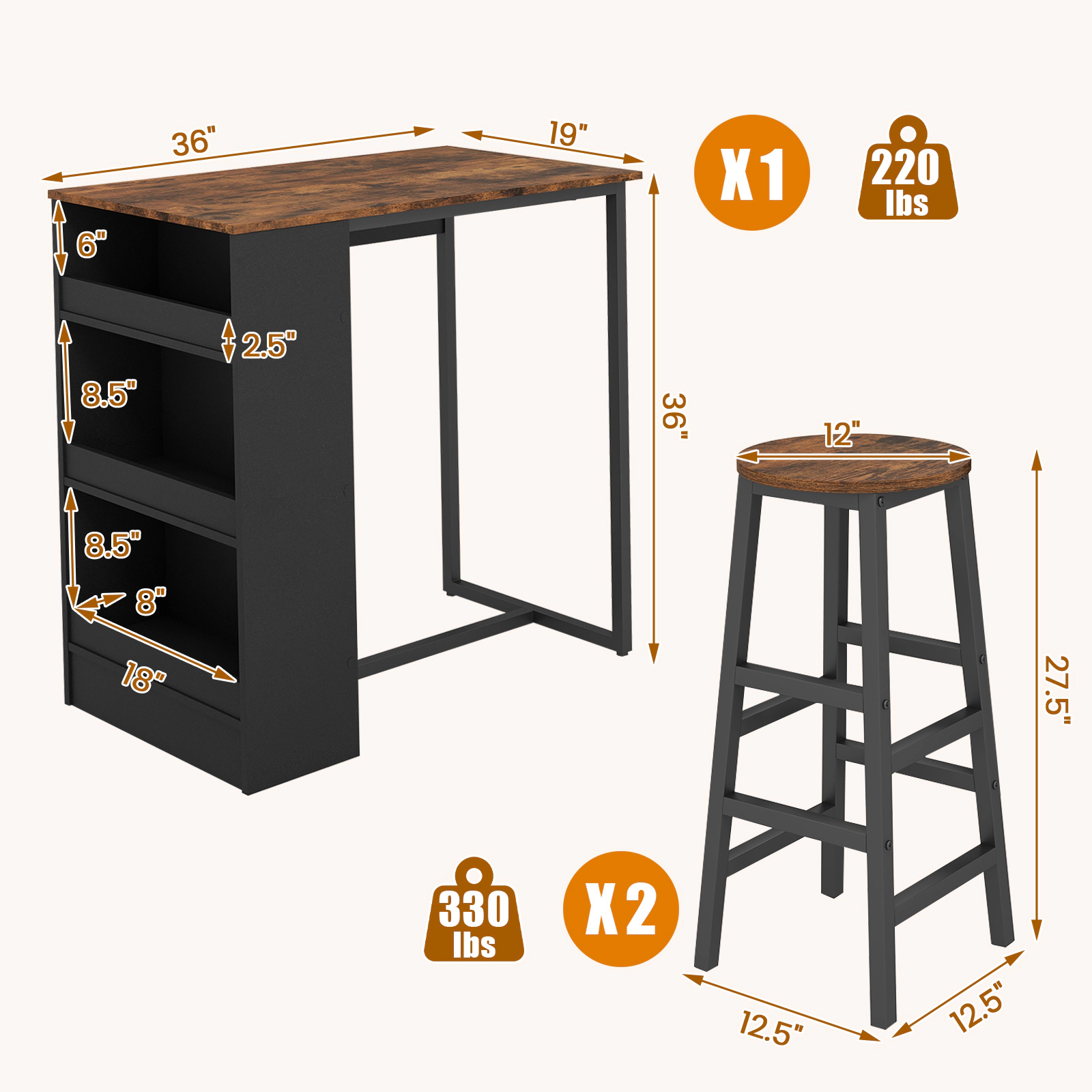 LJG 3 Pieces Bar Table Set with Storage