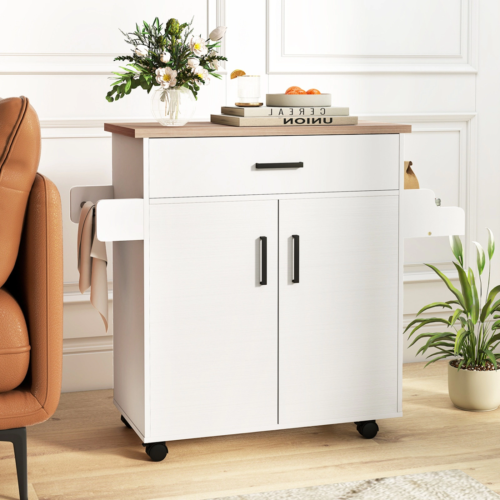 SUGIFT Rolling Kitchen Island Cart White with Wide Drawer and 2-Tier Storage Cabinet