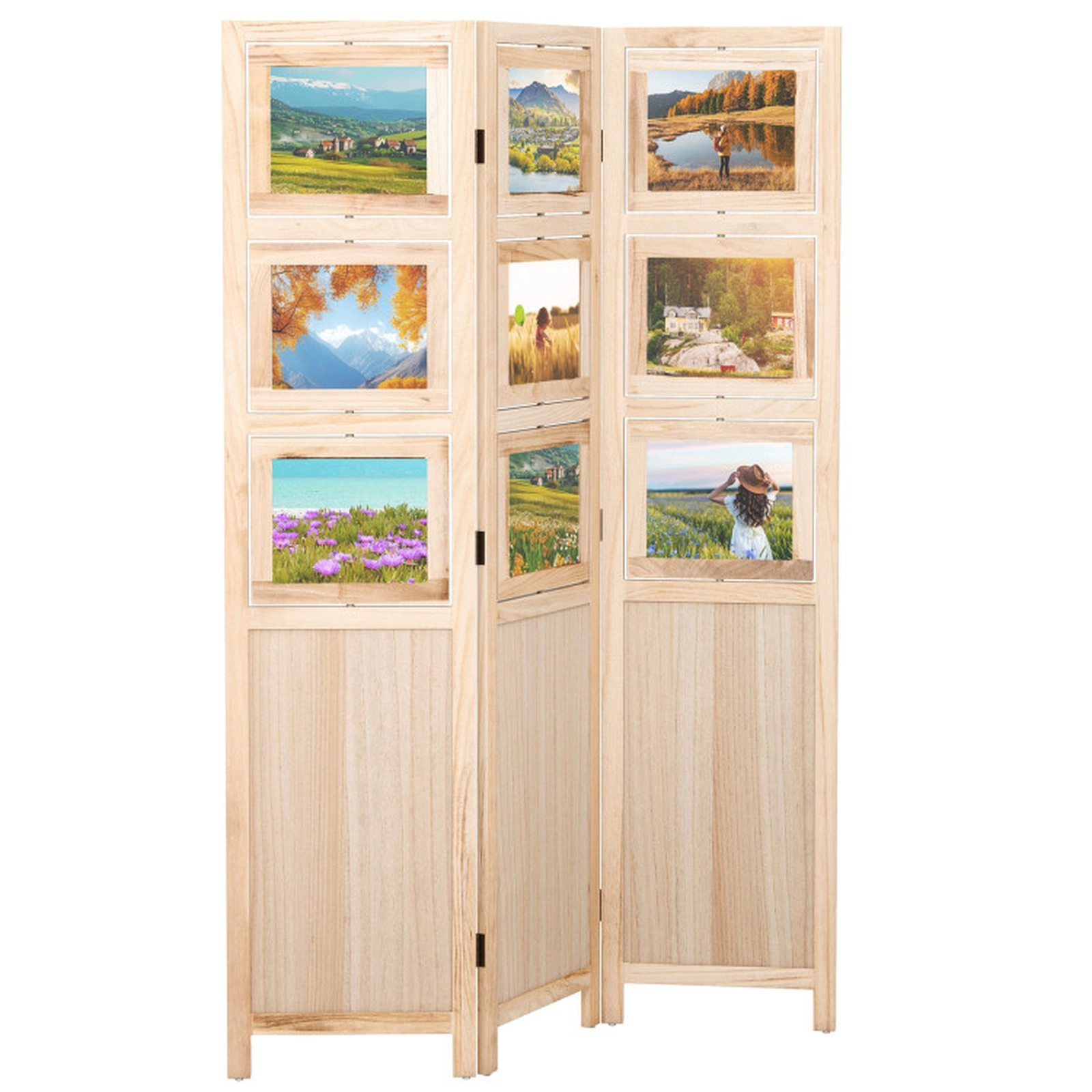 SUGIFT Natural 3-Panel 48-in Wide Folding Wood Room Divider Privacy Screen with 9 Swivel Photo Frames