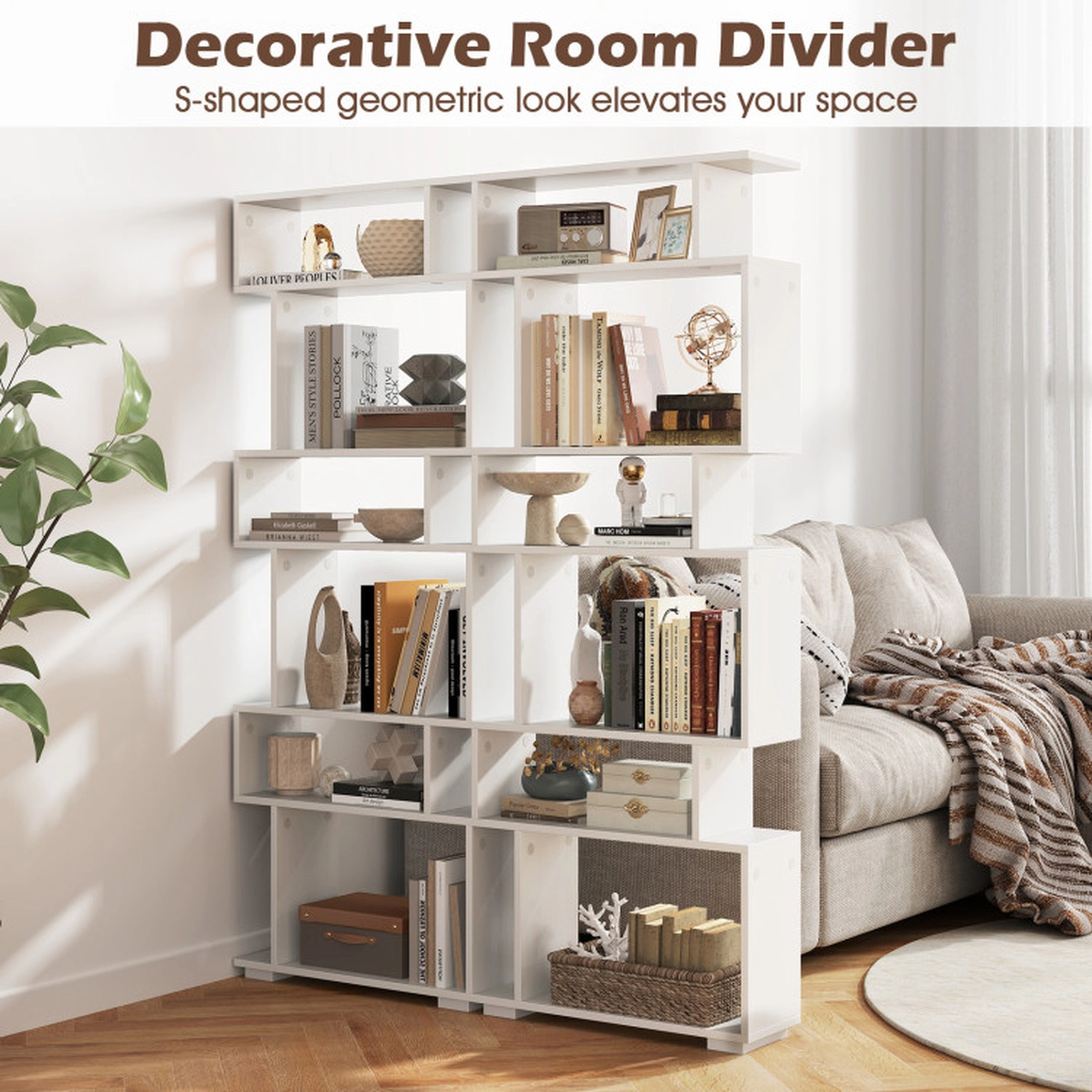 SUGIFT 6-Tier White 64-in Narrow Geometric Bookshelf with Display Shelves and 2 Anti-Tipping Kits for Bedroom