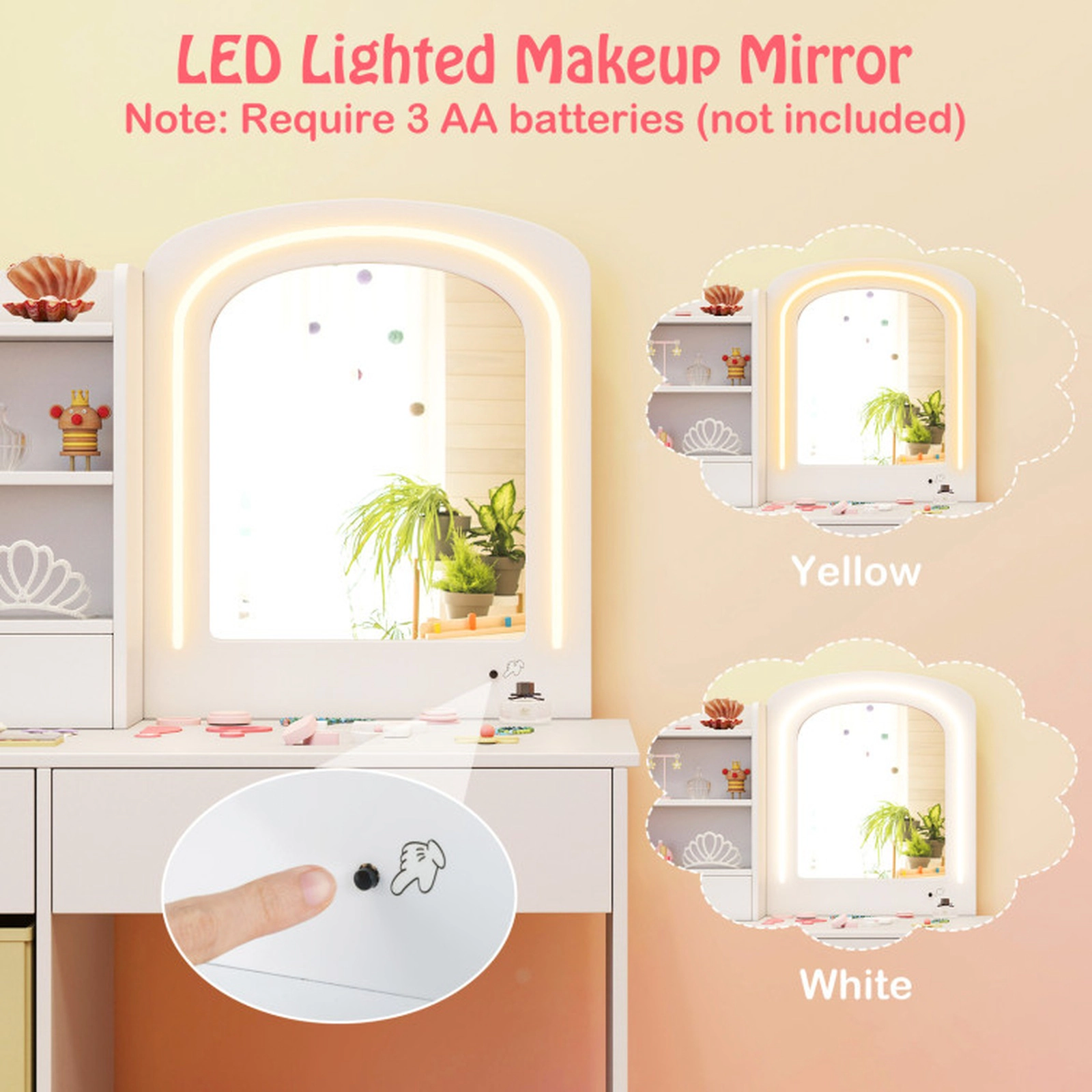 SUGIFT Kids Vanity Set with Lighted Mirror Makeup Desk and Chair 110-lb Tabletop 3+ Years White with Drawers