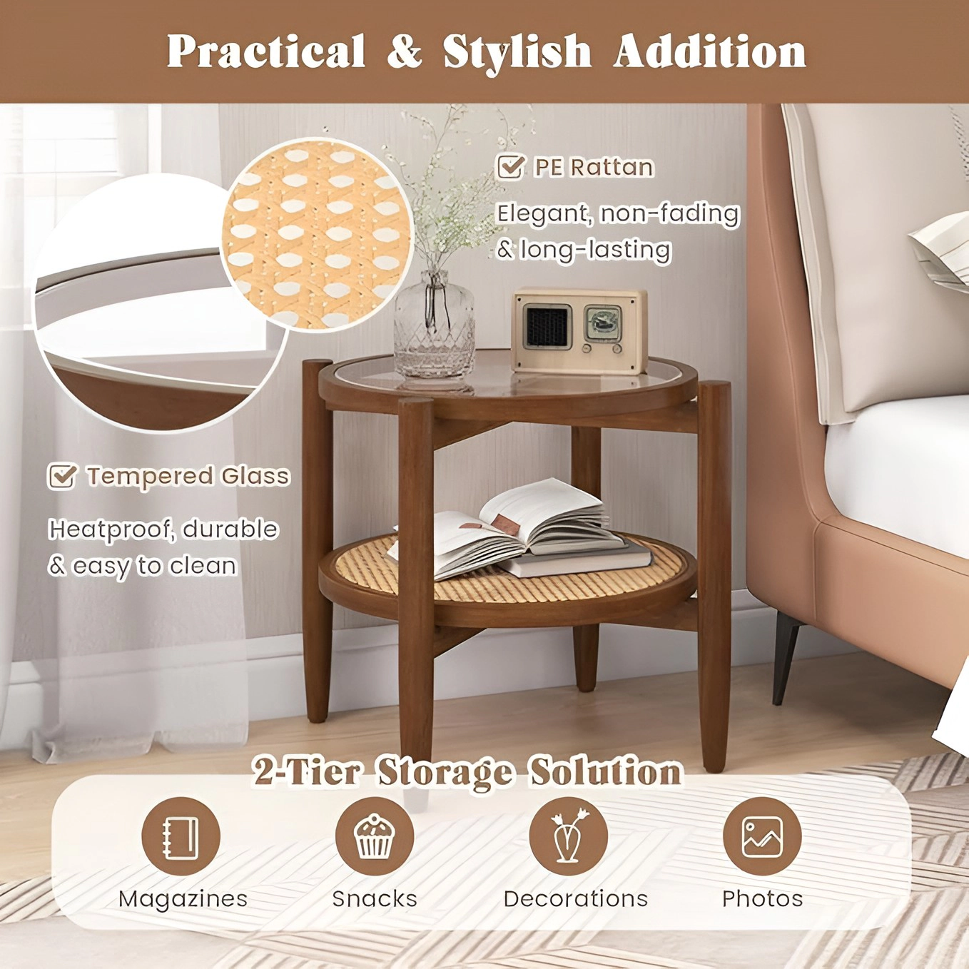 SlickBlue Set of 2 Rattan End Tables with Glass Top and Storage