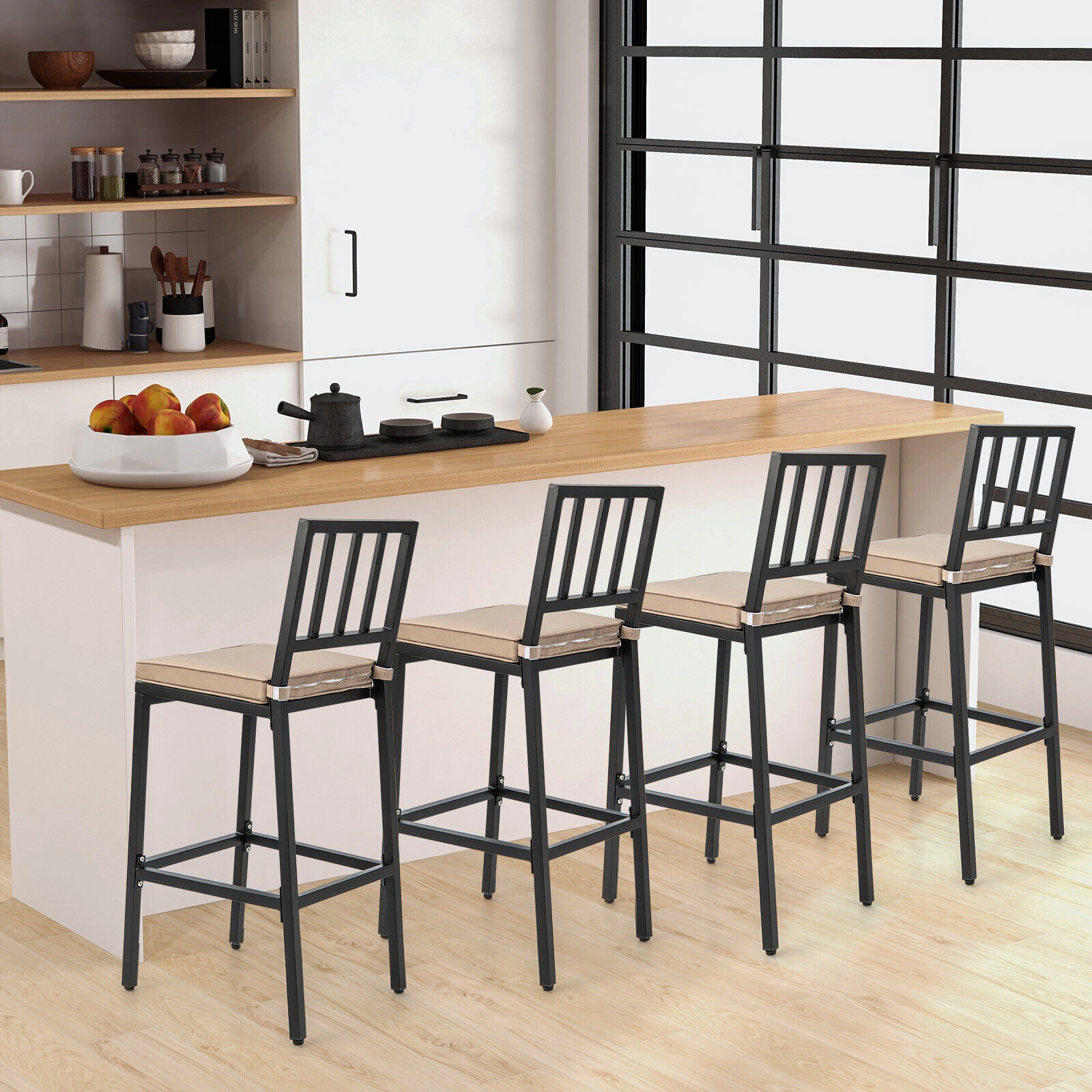 SUGIFT Set of 2 Black Metal Counter Height Bar Stools with Cushioned Backrests and Footrests