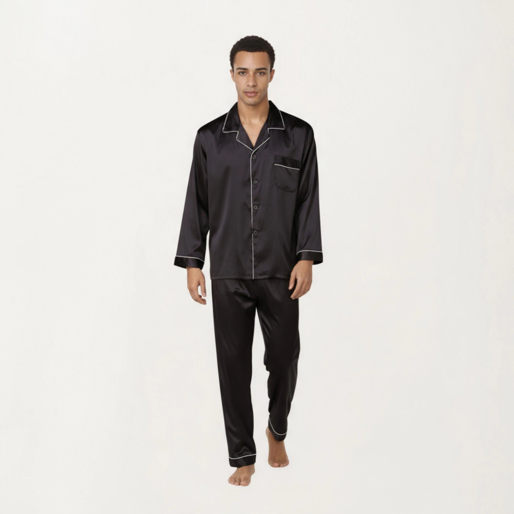 Anna-Kaci Men's 2-Piece Satin Pajamas with Contrast Piping and Button Up Top