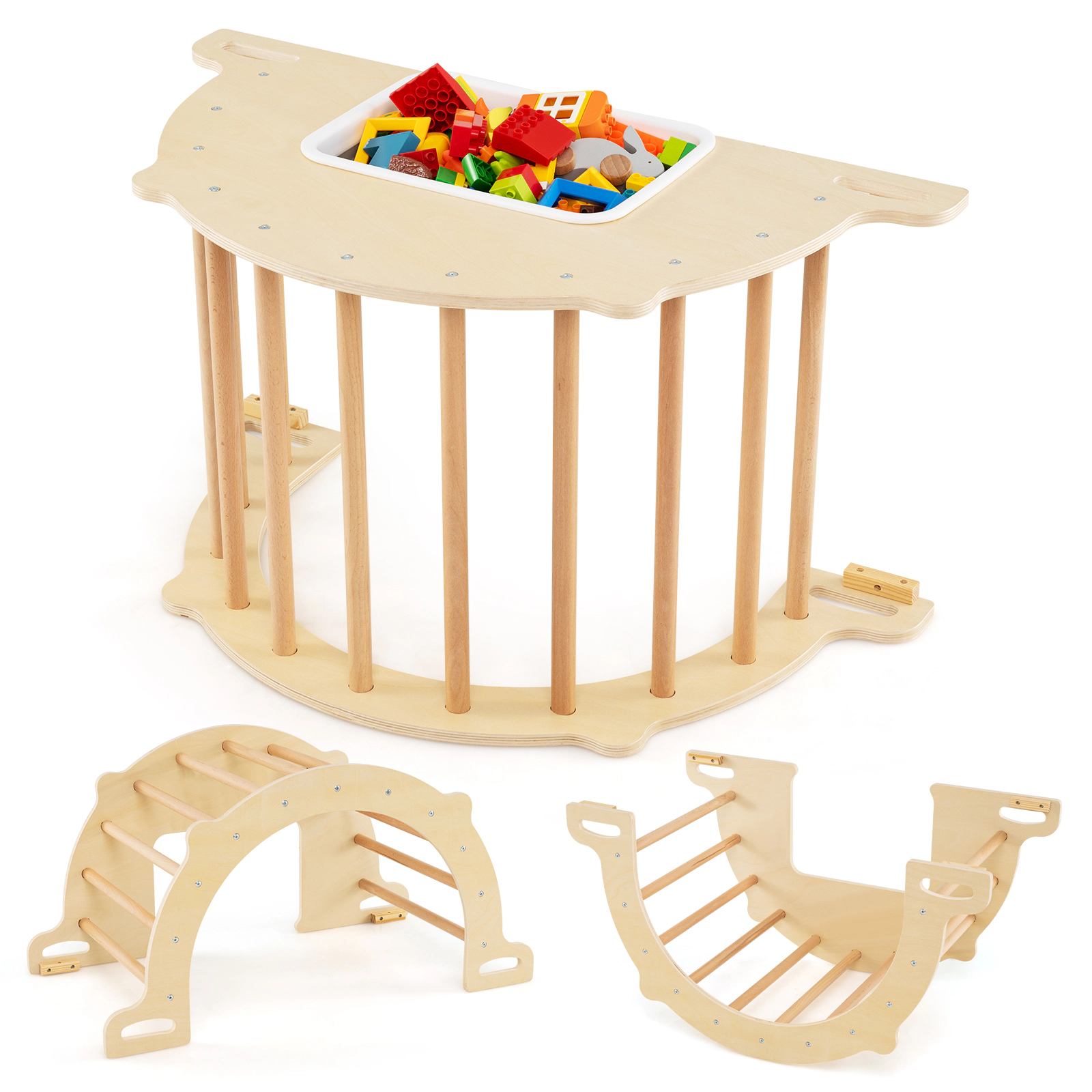 LJG 8 in 1 Climbing Arch Sensory Table for Kids with Collapsible Storage Bin for 3+ Years Old