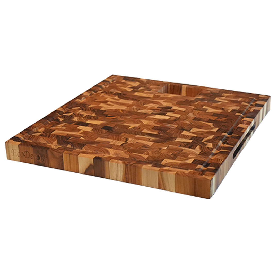 EcoDecors Teak End Grain Cutting Board 17" x 18" - Juice Groove, Waste Chute, Built-in Handles