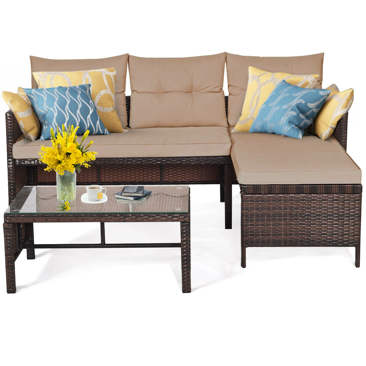 LJG 3 Pieces Patio Wicker Rattan Sofa Set