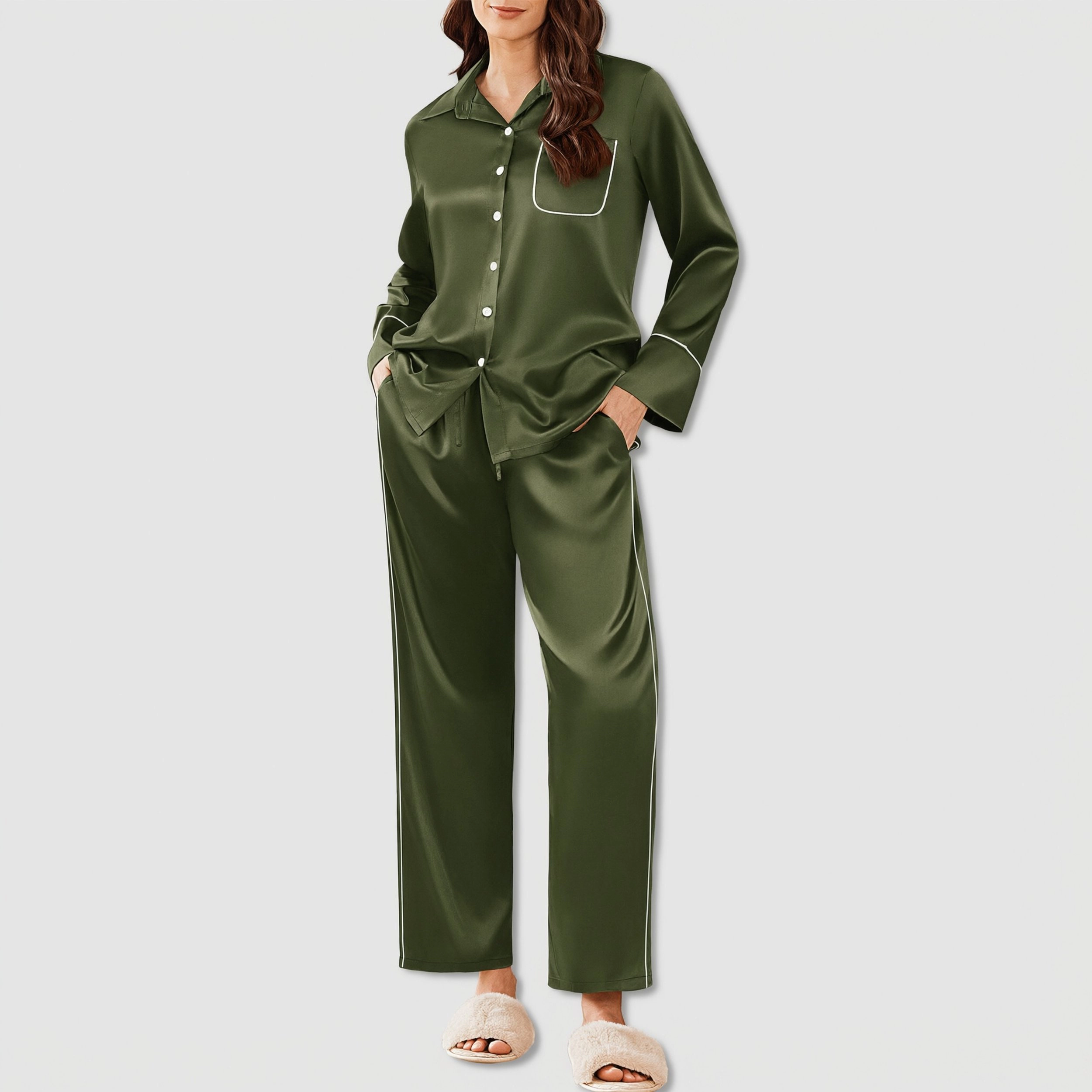 Ekouaer Silk Pajamas Satin Pajama Sets Button Down Lounge Silky Long Pants Sleepwear