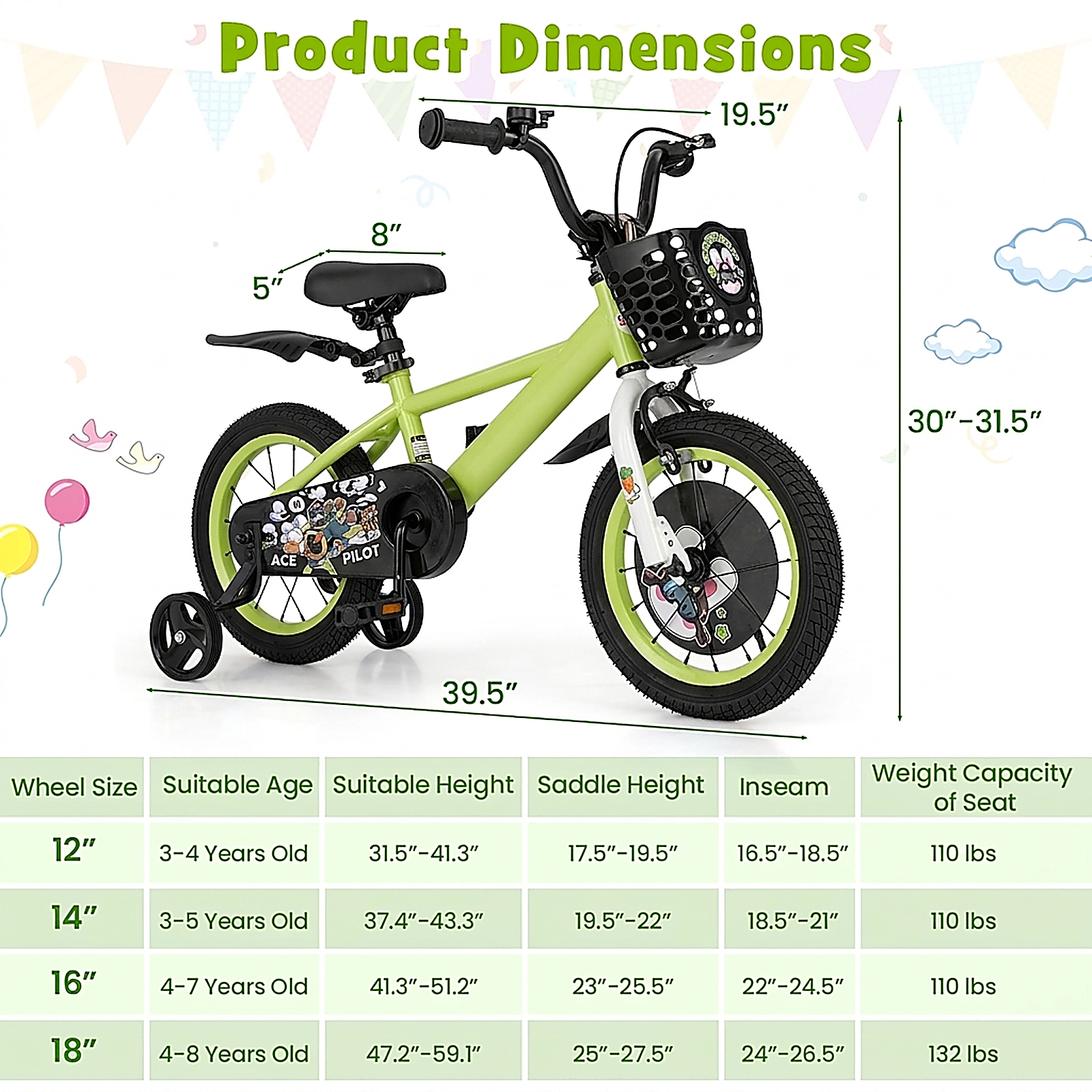 SUGIFT Kids Bike Green Adjustable with Dual Brakes Storage Basket and Training Wheels