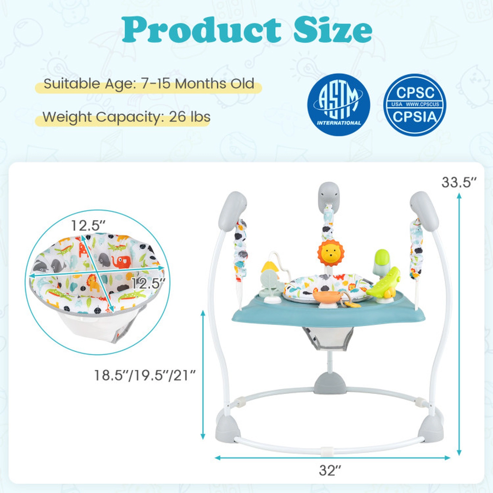 SUGIFT Baby Blue Jump and Play Activity Center with Rotating Seat and Music Box 32-in Dia 26.5-lb Jumper Capacity