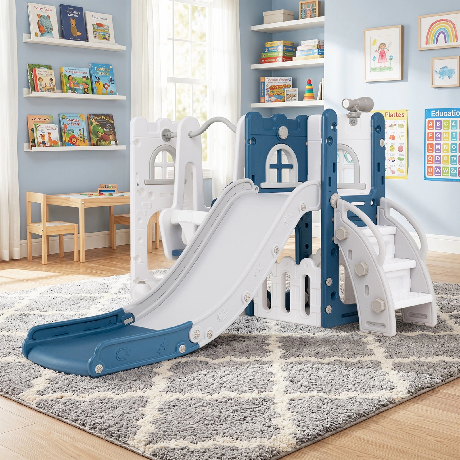 SUGIFT 7-in-1 Toddler Swing & Slide Climber Set with Ladder & Basketball Hoop 110-lb Capacity Ages 1-3 Blue & White