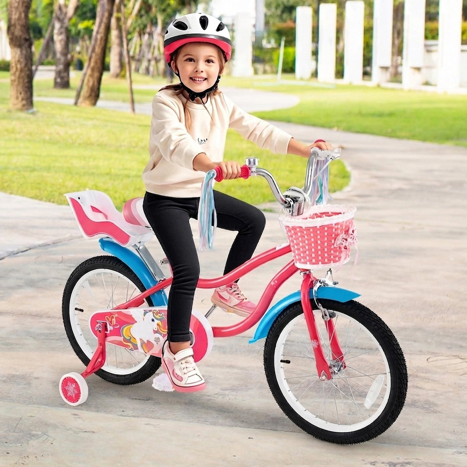 18-in Girls Bike with Doll Seat Front Basket and Removable Training Wheels for Ages 4-8 Quick-Release Adjustable