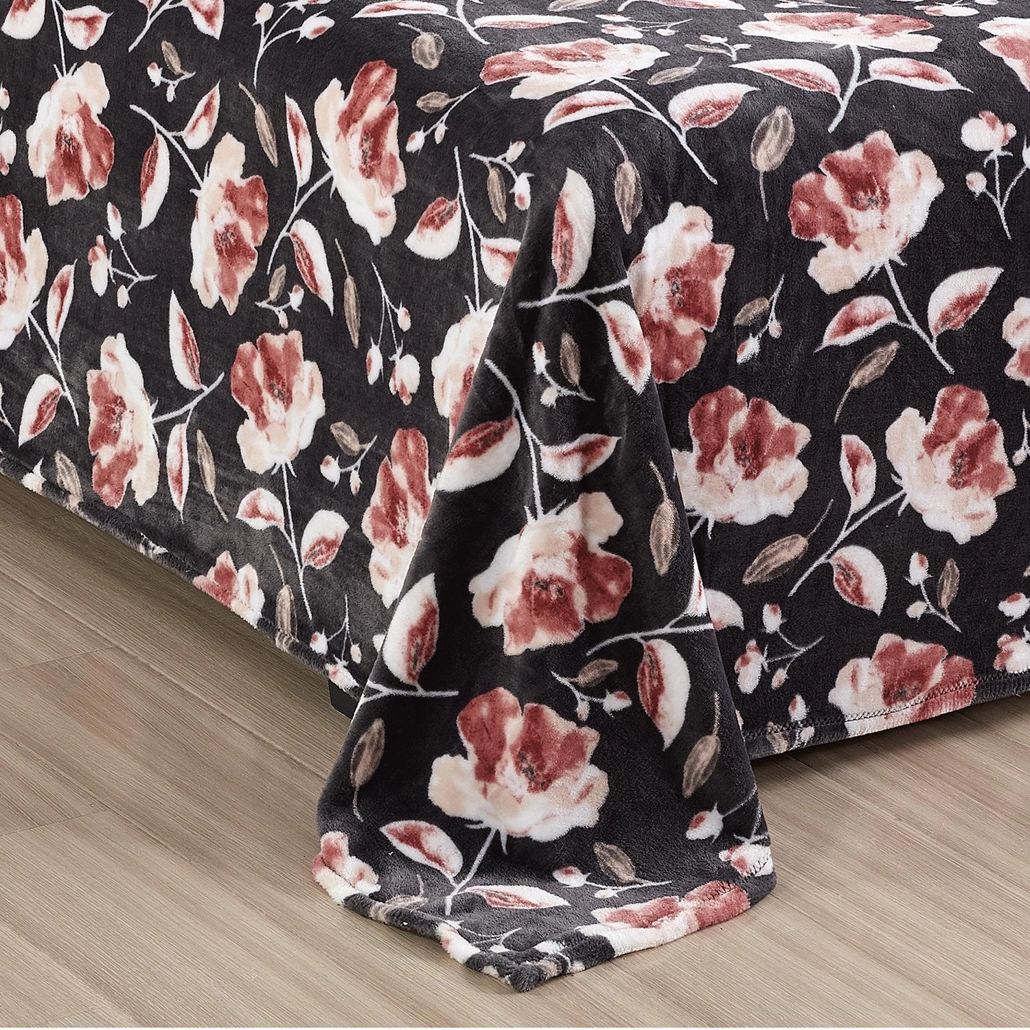 Plazatex Luxurious Ultra Soft Lightweight Altura Printed Blanket Queen Grey Floral