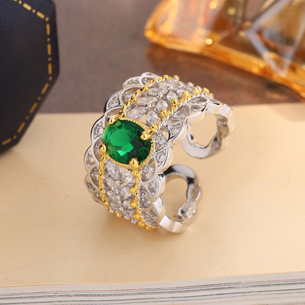 Two‑Tone Oval Green Cubic Zirconia Open Ring Vintage Filigree Wide Statement Ring for Women
