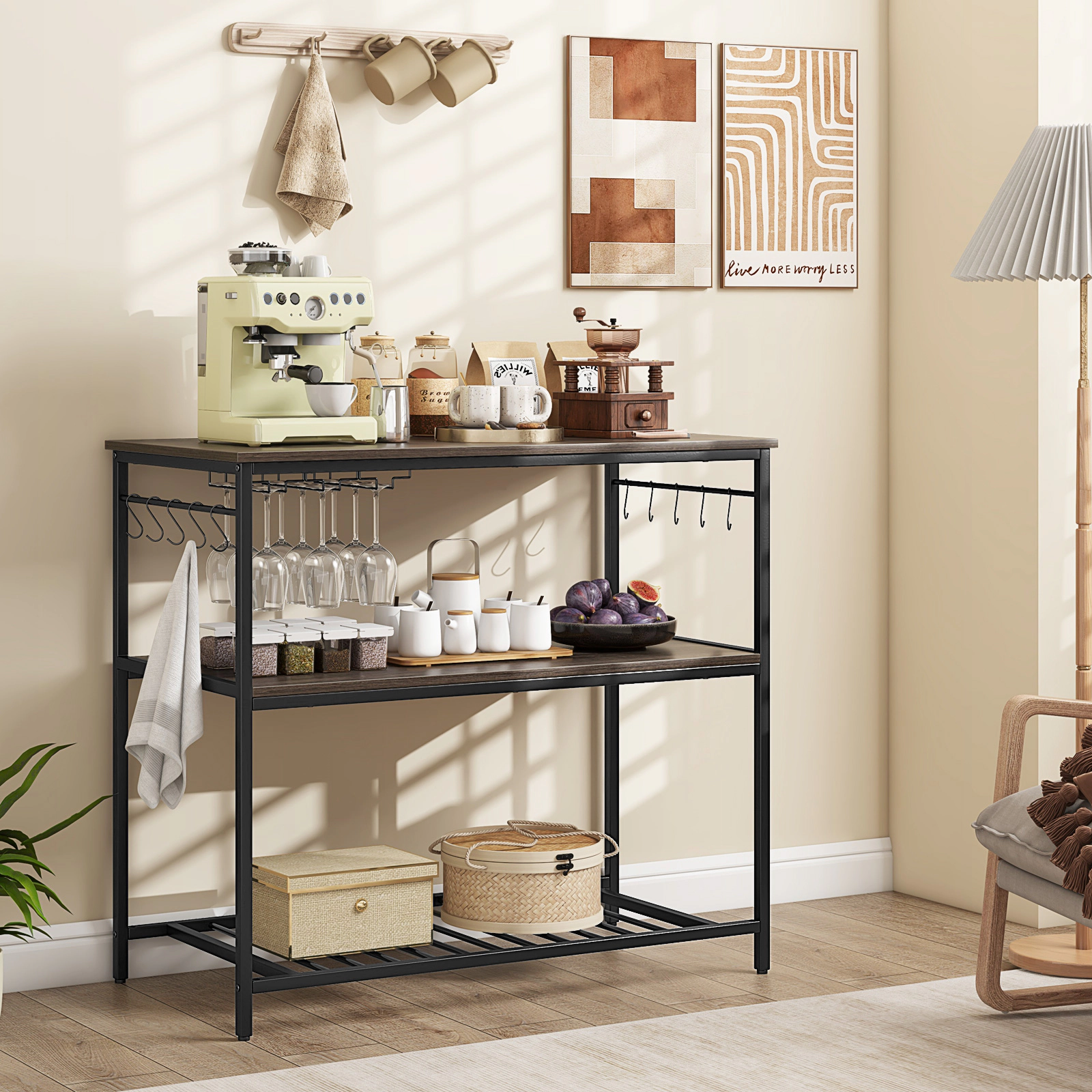 SUGIFT Kitchen Island with 3 Shelves Wine Glass Holders and 10 Hooks 165-lb Top Capacity Gray + Black