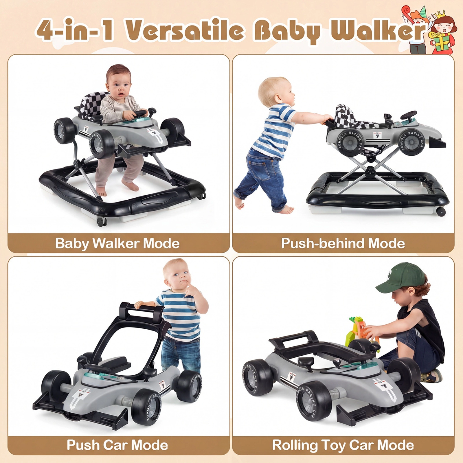 SUGIFT Gray Adjustable Height and Music Box 4-in-1 Baby Push Walker Activity Center