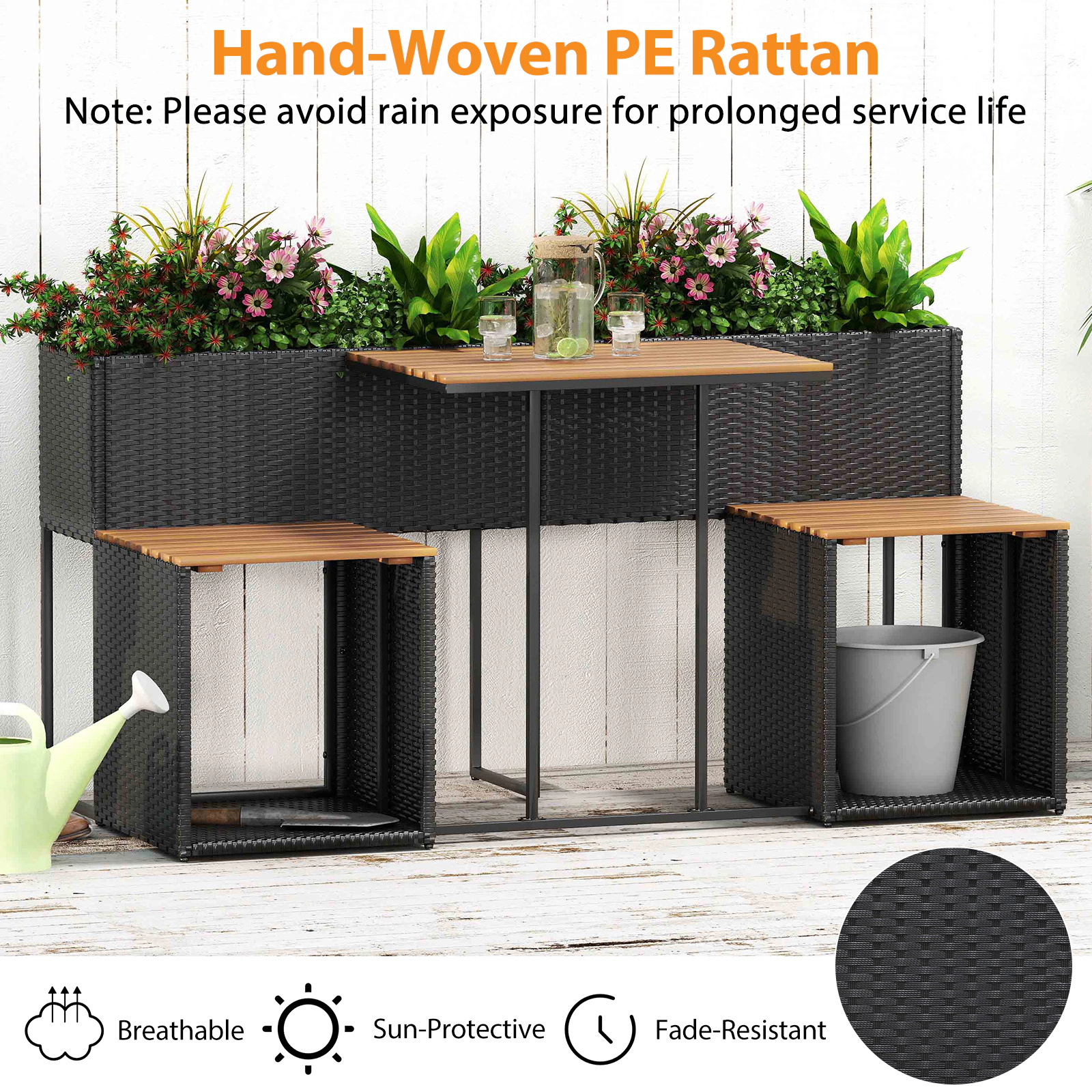 SUGIFT 59-In Black Patio Set with Raised Garden Bed, Planter Table, 2 Seats and Storage Shelf