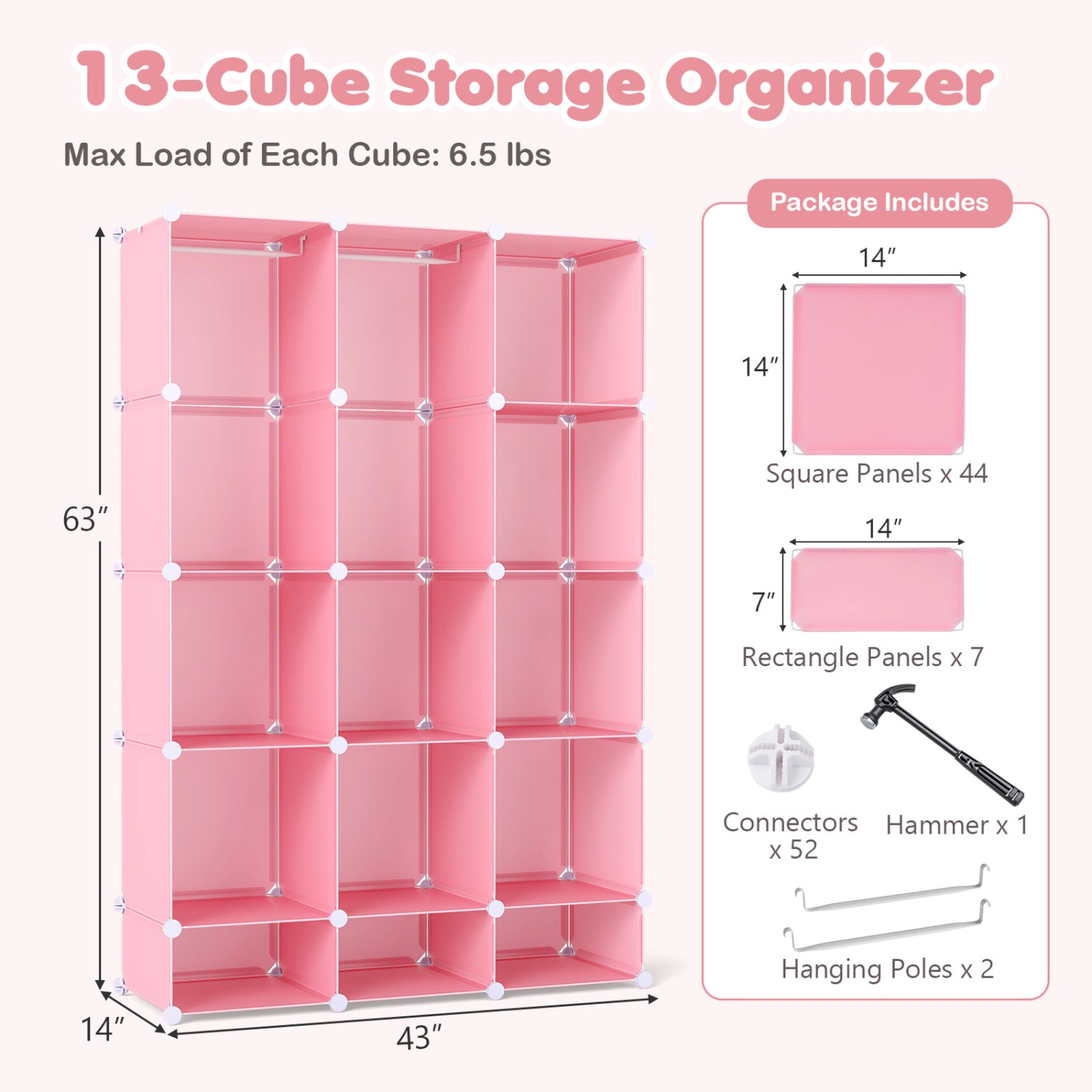 SUGIFT Kids 13-Cube Stackable Hanging Rods Modular Wardrobe Closet 43-in x 14-in x 63-in 6.5-lb per Cube Pink