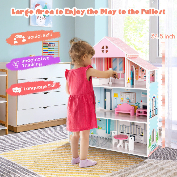 Hivvago 3-Tier Toddler Doll House with Furniture Gift for Age over 3