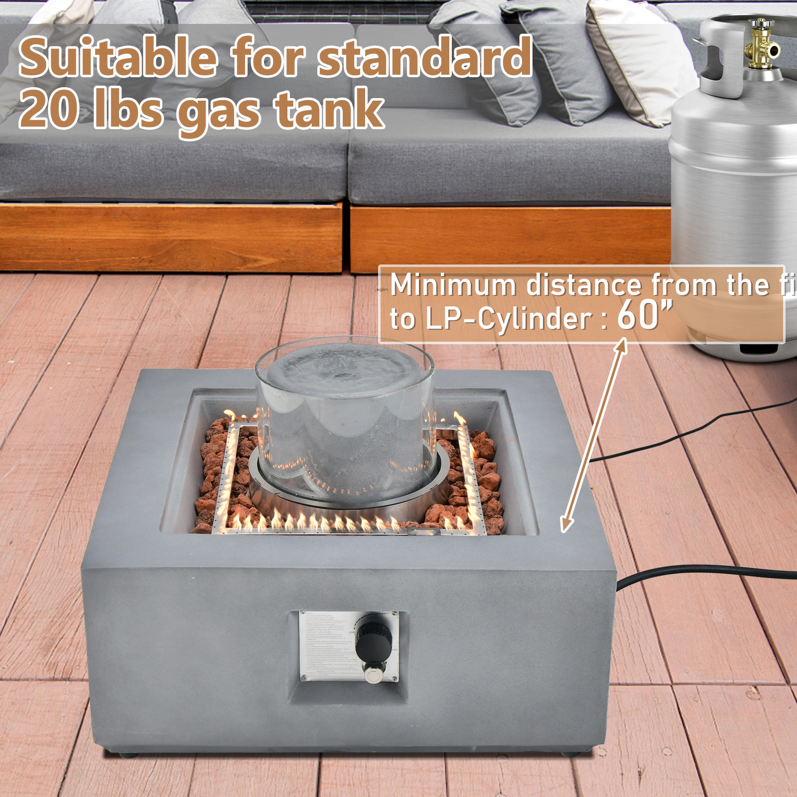 SUGIFT 28-In Square 50,000 BTU Gray Propane Fire Pit Table with Fountain