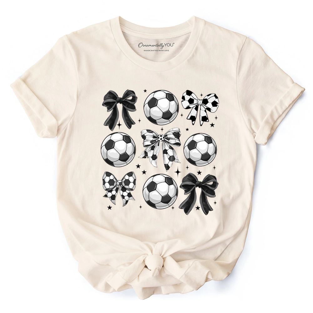 OrnamentallyYou Womens Coquette Bows Soccer Balls T-Shirt
