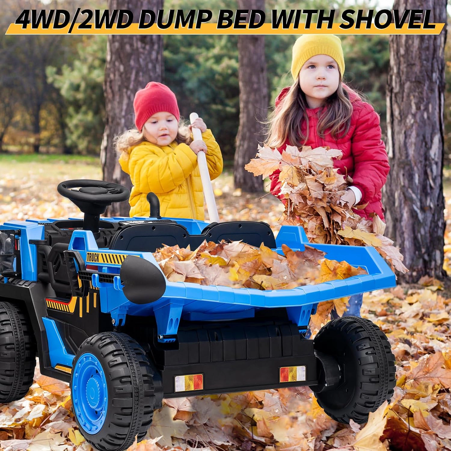 24V 2-Seater Kids Ride On Dump Truck, Electric Construction Car w/ Remote, 2WD/4WD, Lift Bed, Shovel, Music & Lights