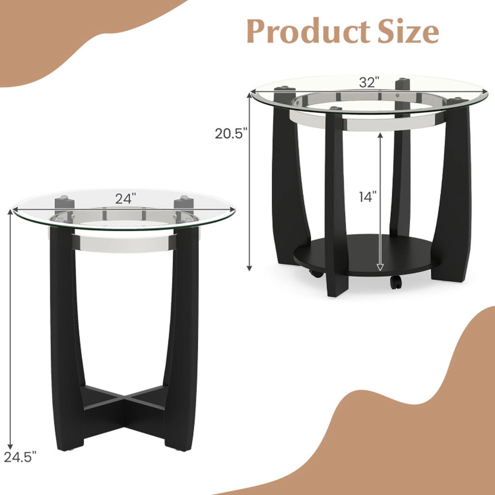 SUGIFT 3-Piece Black Tempered Glass Coffee and Side Table Set with Locking Casters