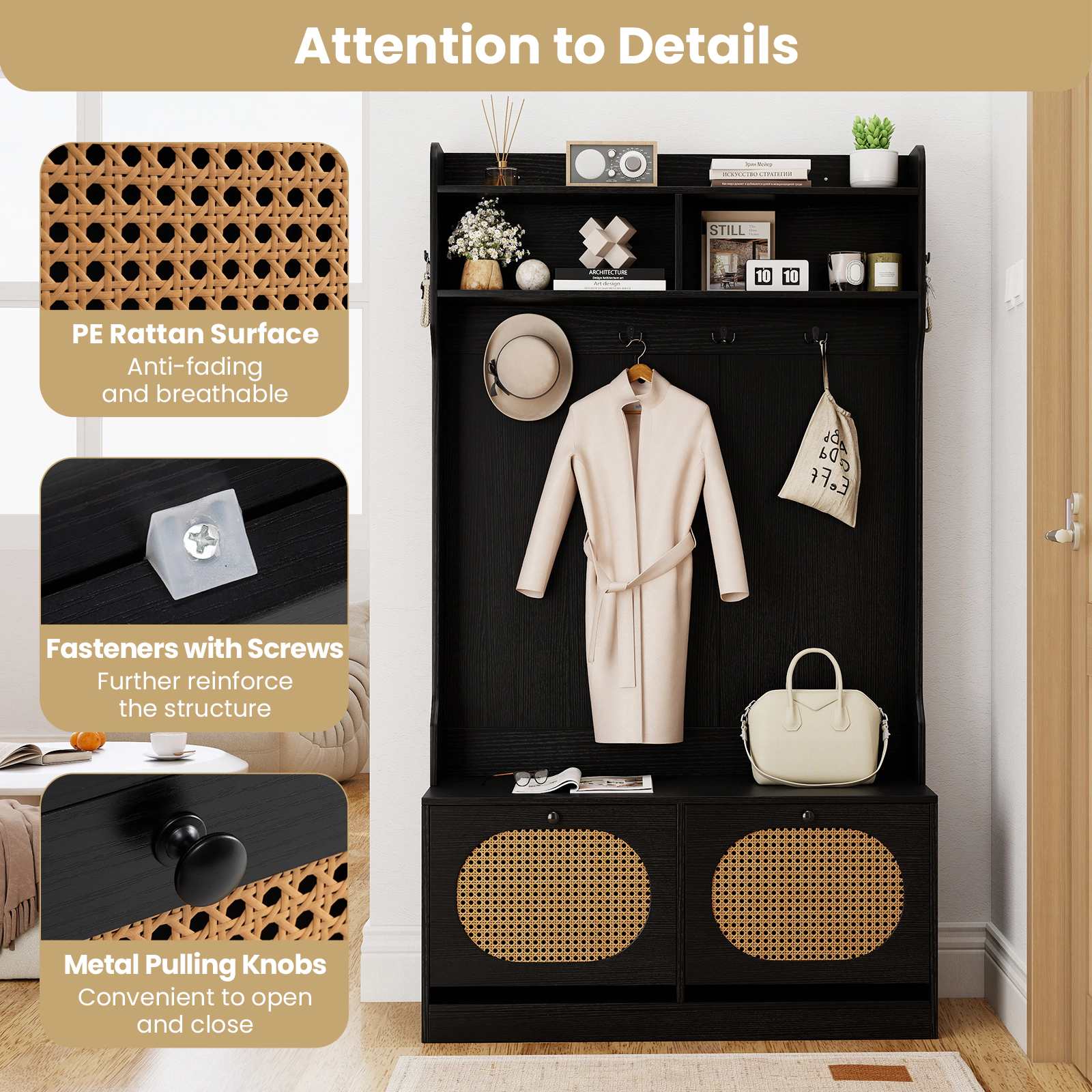 Glintex 4-in-1 Hall Tree with PE Rattan Flip Drawers and 3-Tier Dividers