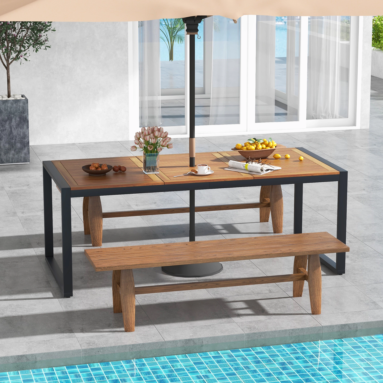 SUGIFT 79-in Acacia Wood Patio Dining Table for 8 with Umbrella Hole