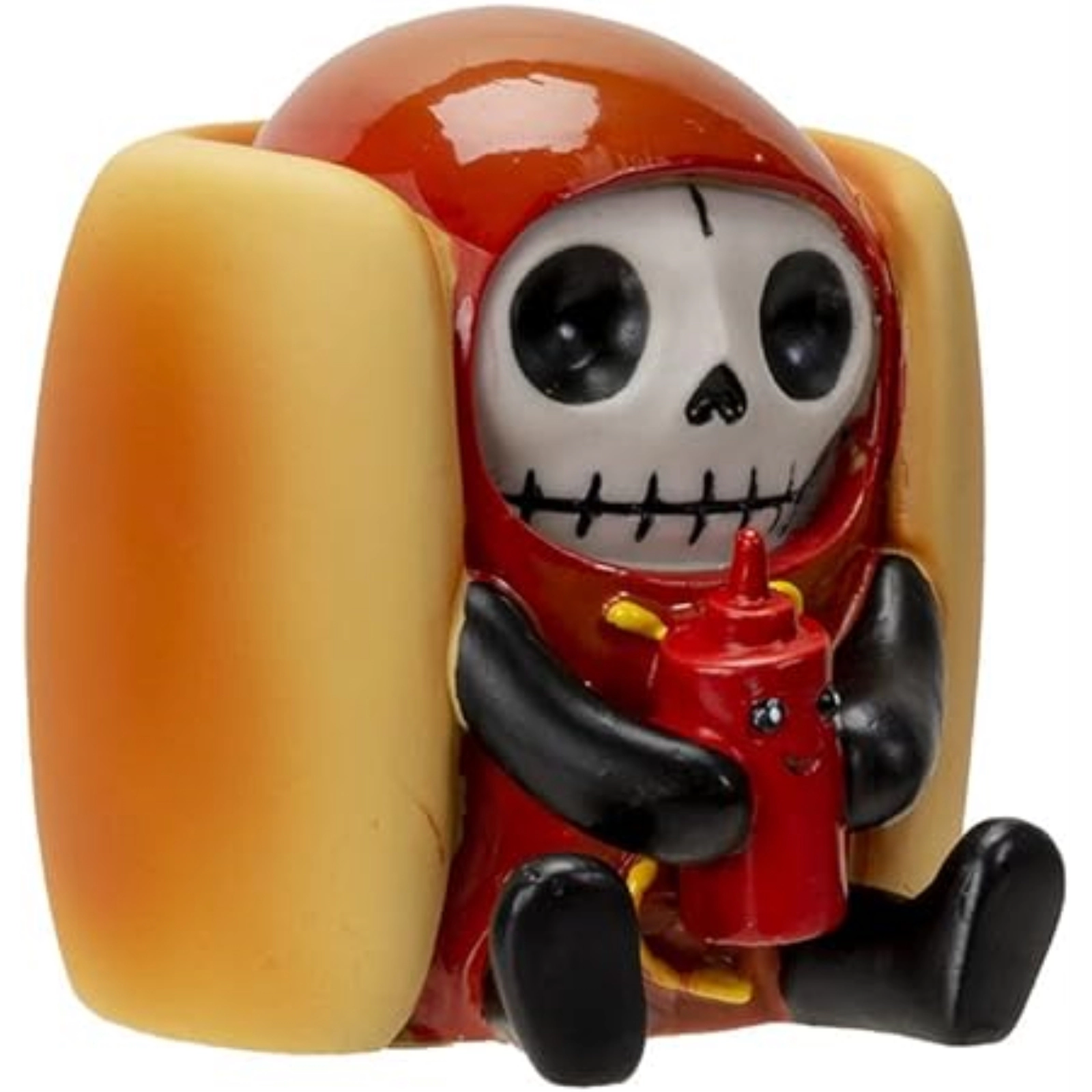 Pacific Giftware Furrybones Frank The Wiener Hotdog Bun With Ketchup Bottle Skeleton in Costume Figurine 2.4 inch