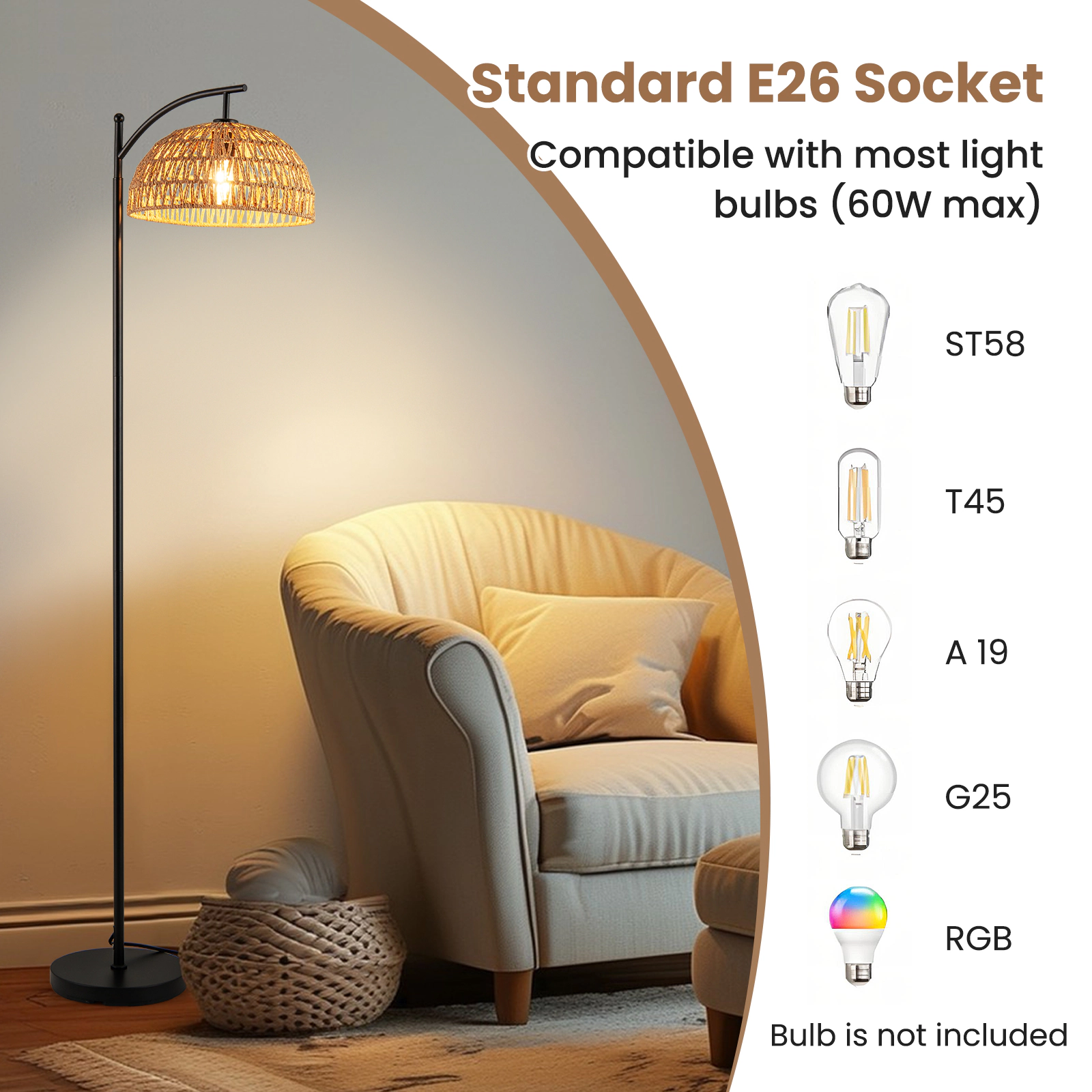 SUGIFT 63-in Tall Metal Arc Floor Lamp with Hanging Paper Rope Lampshade E26 Socket Foot Switch Black