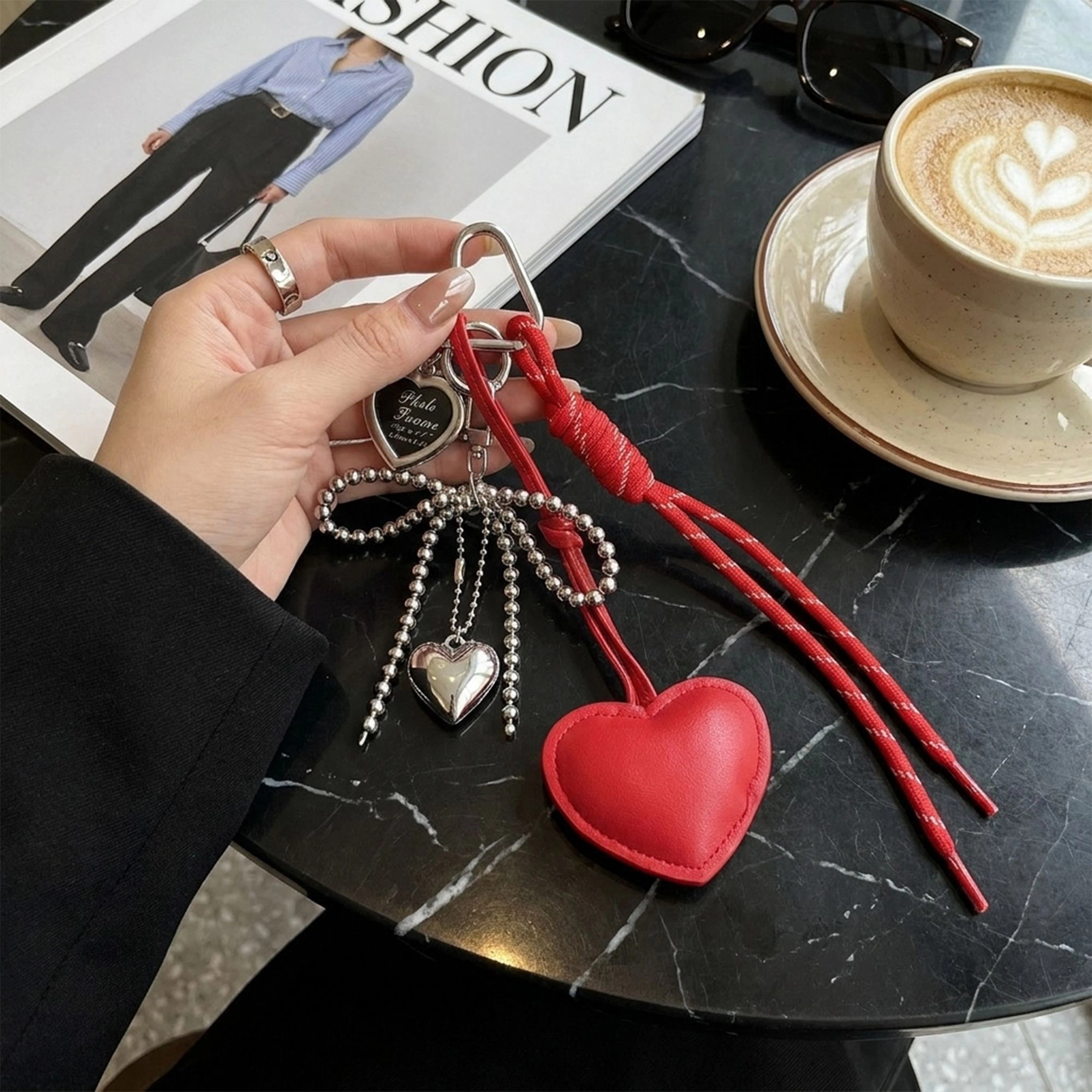 Alilang Women's Heart Bag Charm Keychain with Beaded Bow Accent Clip and Faux Leather Pendant, Red