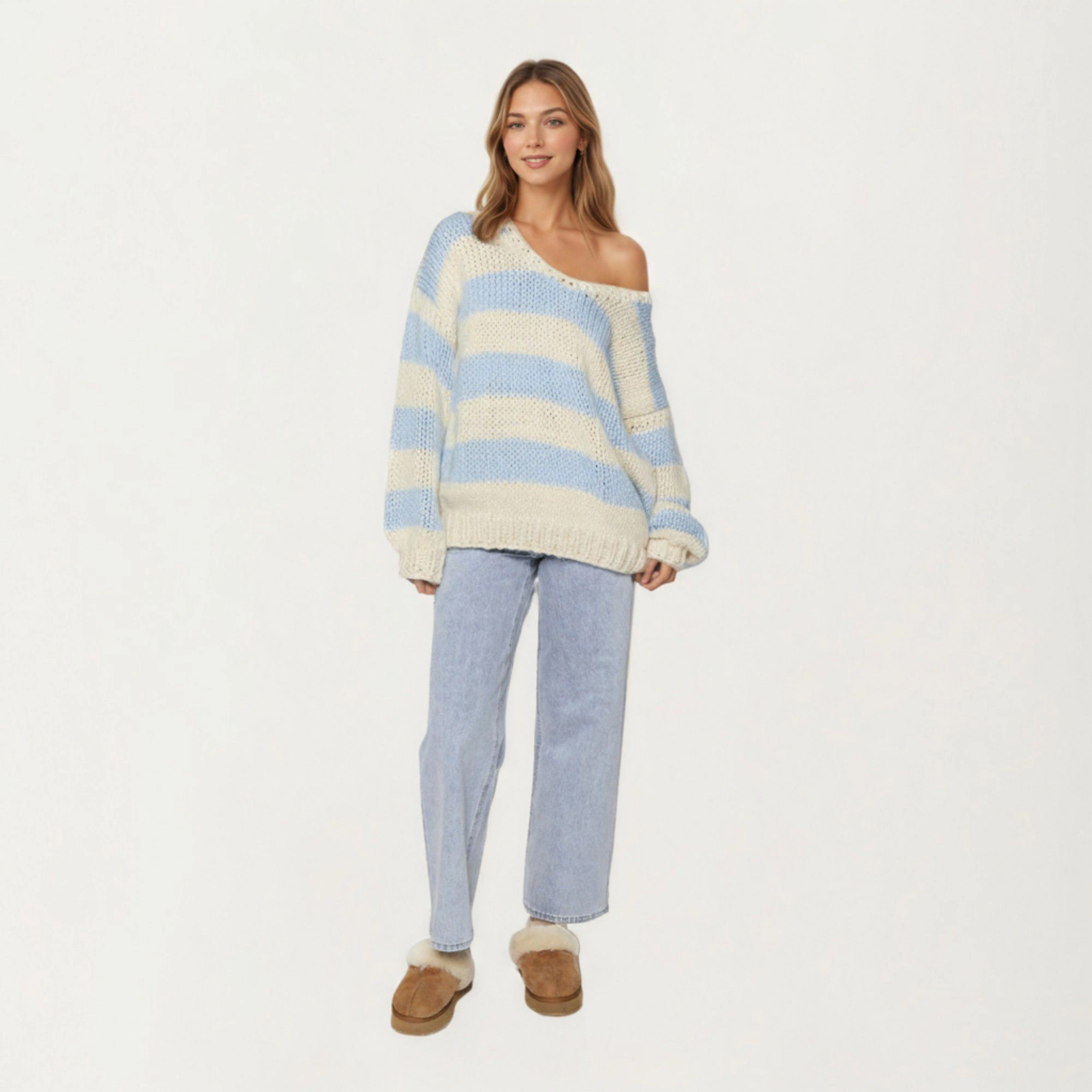 Anna-Kaci Women's Oversized Striped Knit Sweater with Soft Chunky Texture Slouchy Off-Shoulder Fit