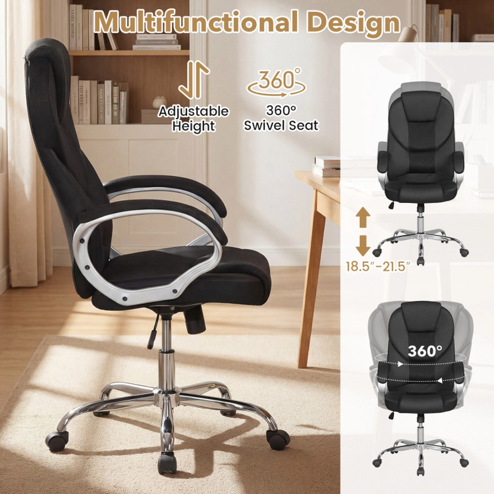 SUGIFT 300-lb Capacity Black PU Leather and Mesh Ergonomic Executive Desk Chair with Rocking Backrest