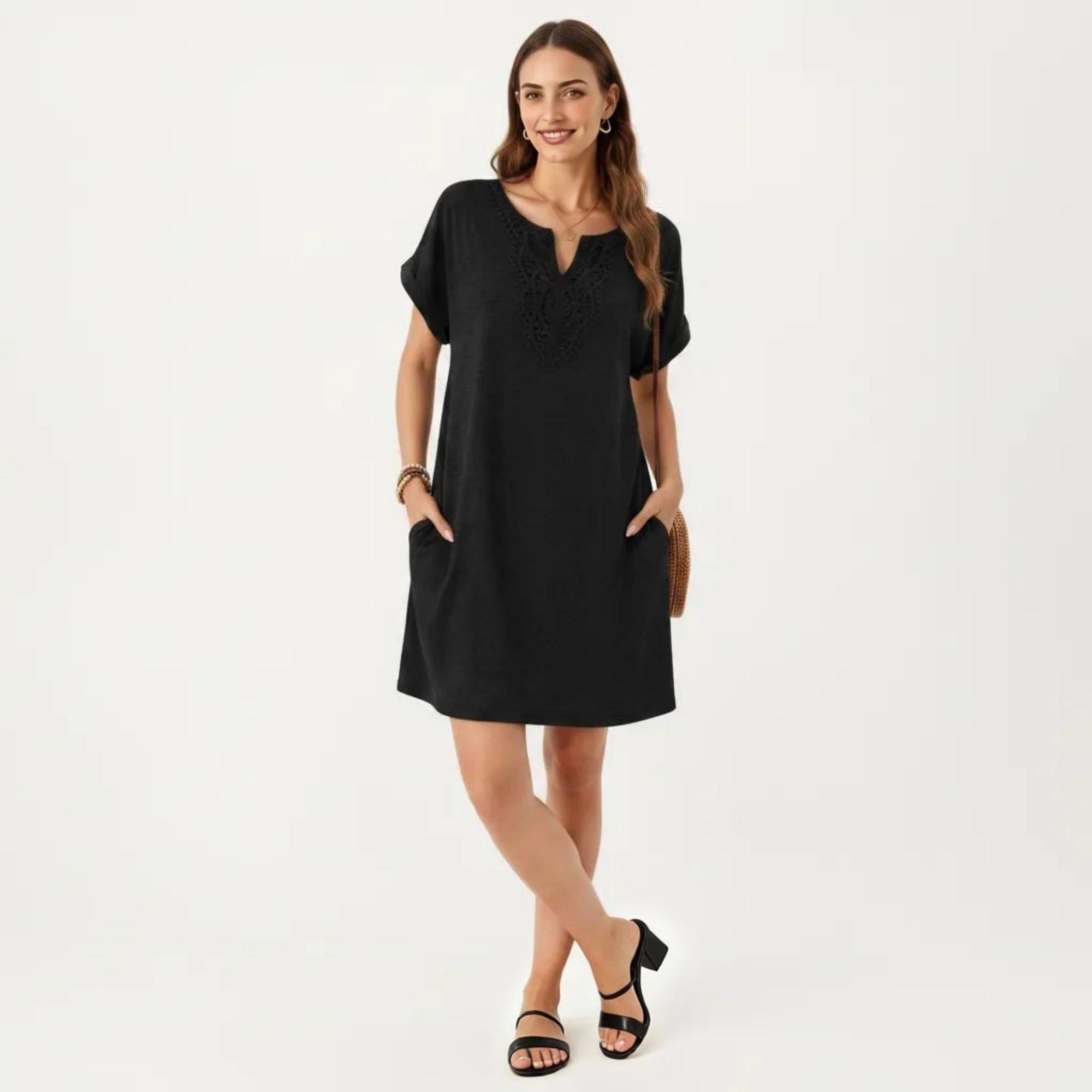 Anna-Kaci Women's Short Sleeve Split V Neck Embroidered Detail Relaxed Fit Casual Tunic Shift Dress
