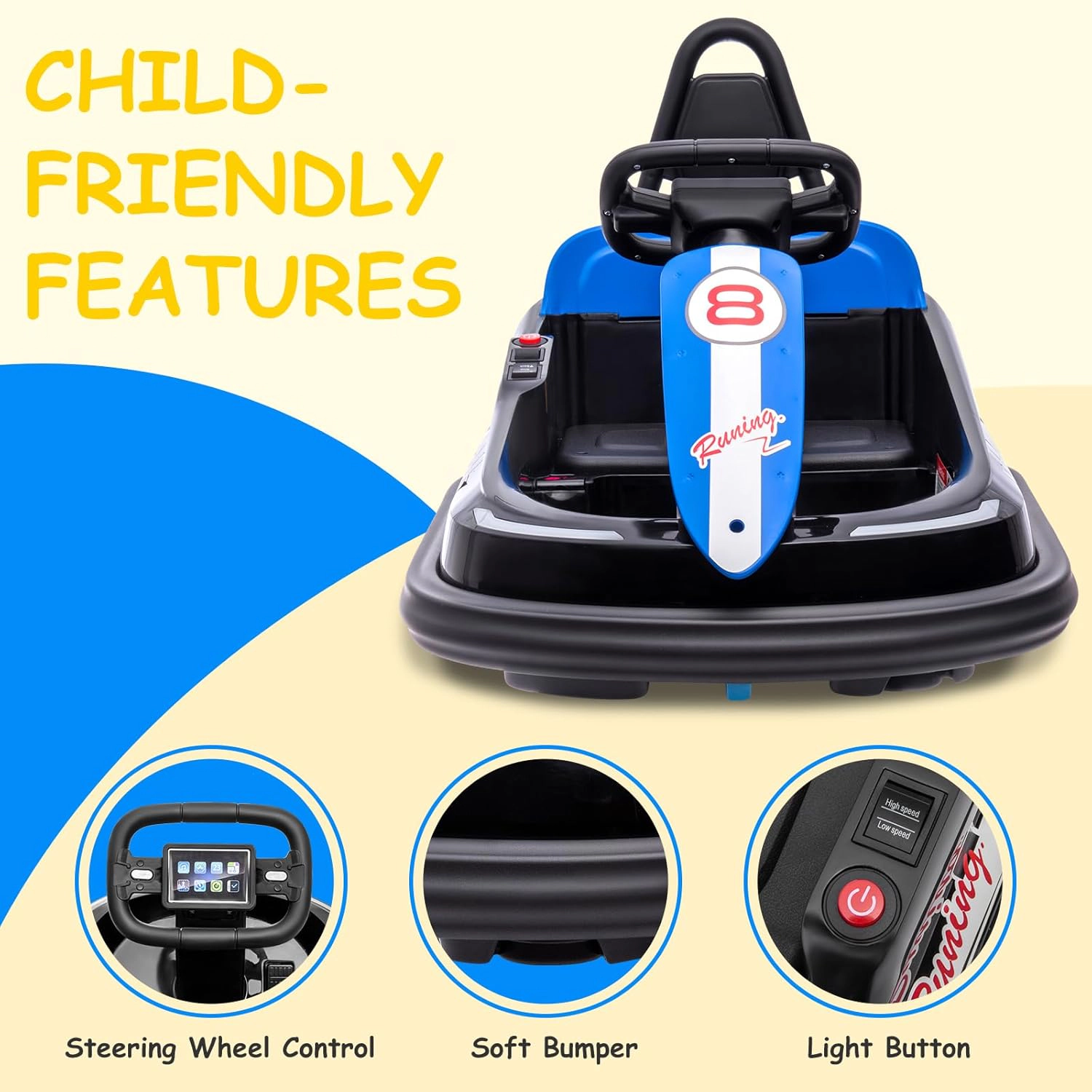 Enjyam 6V Kids Bumper Car for Toddlers, Electric Ride On Toy w/Remote, 360 Degree Spin,8 Speeds,Lights,Music & Horn