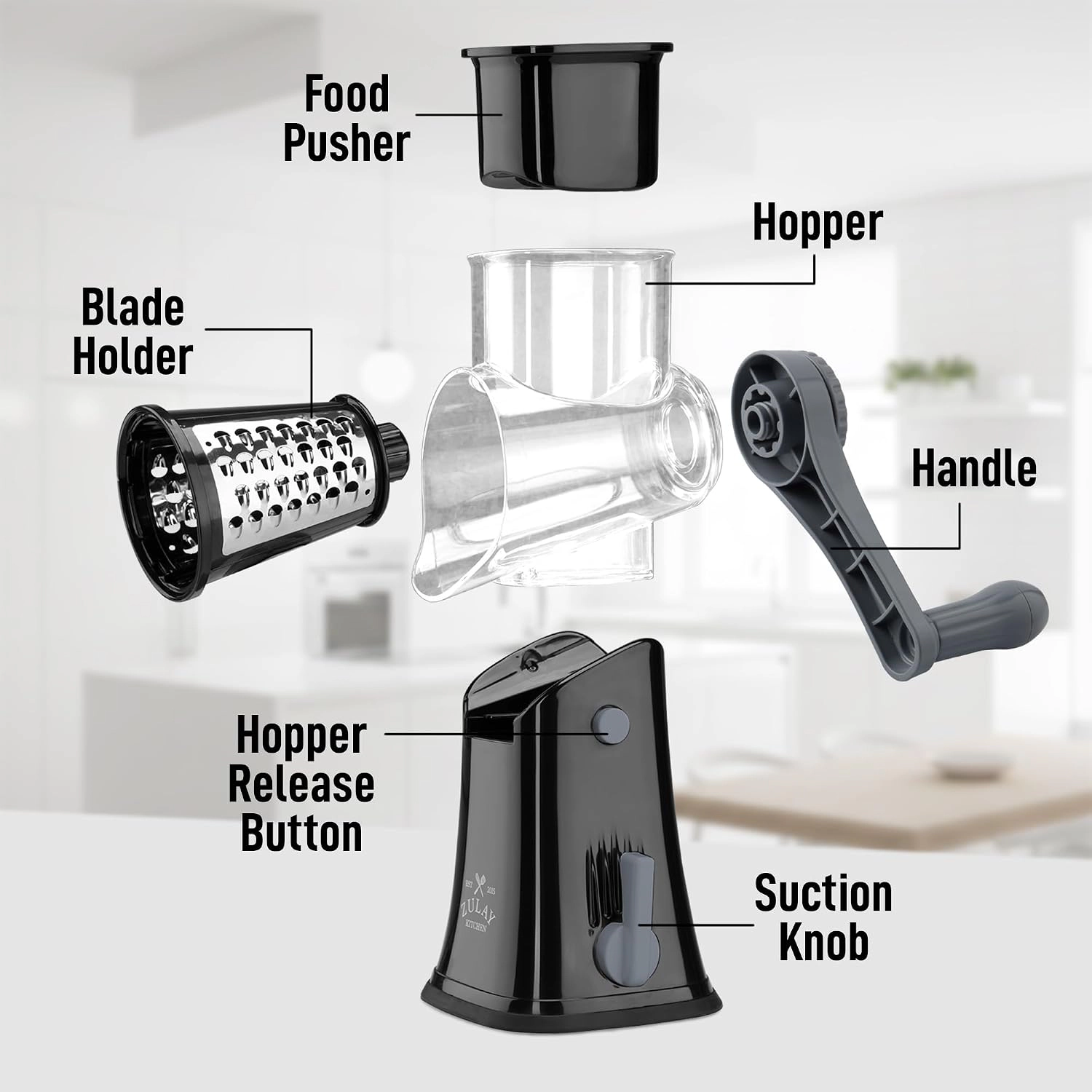 Zulay Kitchen Rotary Cheese Grater 5 Blade Cheese Shredder - Manual Hand Crank Cheese Grater With Reinforced Suction