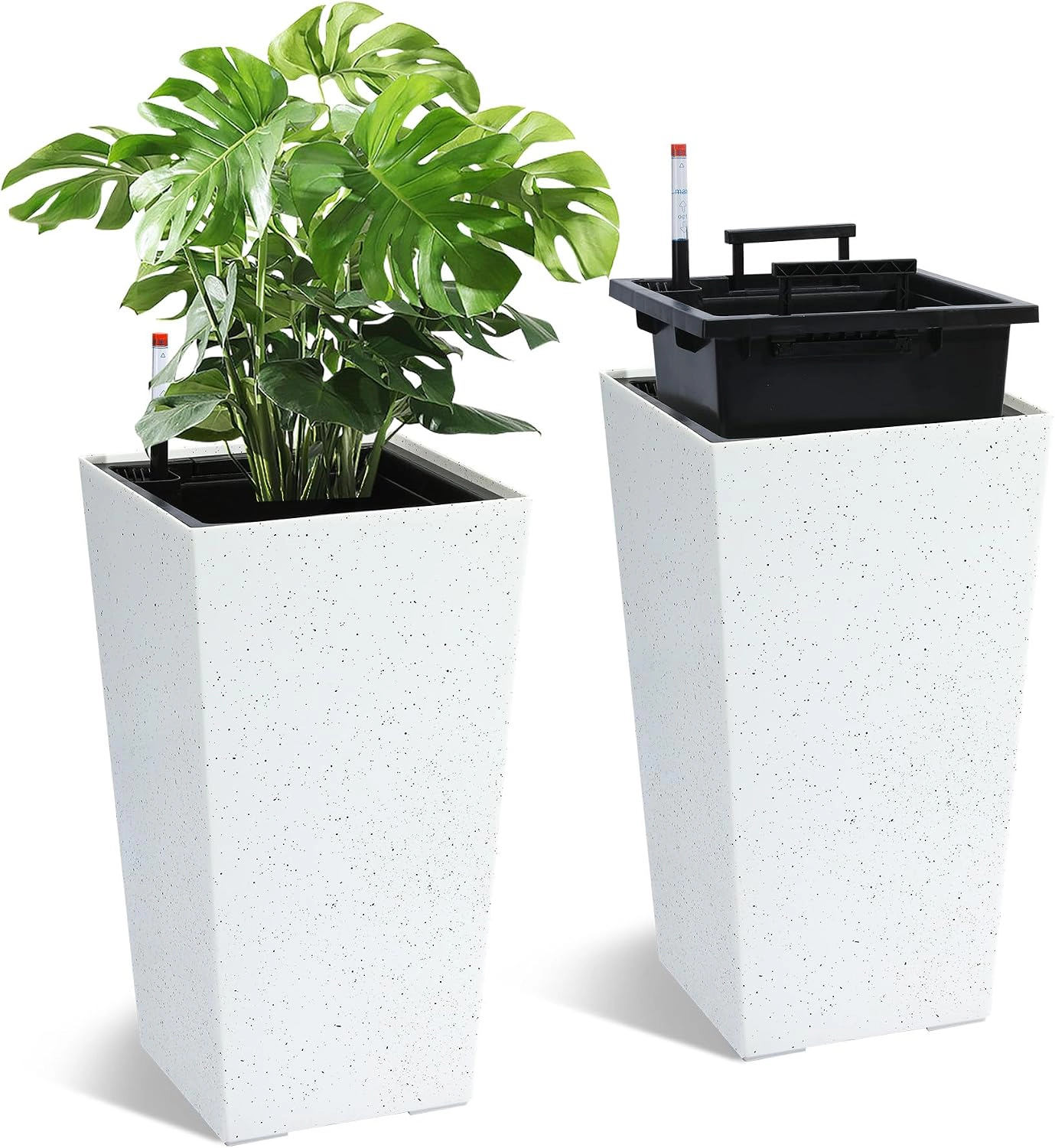 Set of 2 Rectangular Planters 21.6" Tall, Self-Watering Drainage & Water Level Monitor, Wheels, Indoor Outdoor
