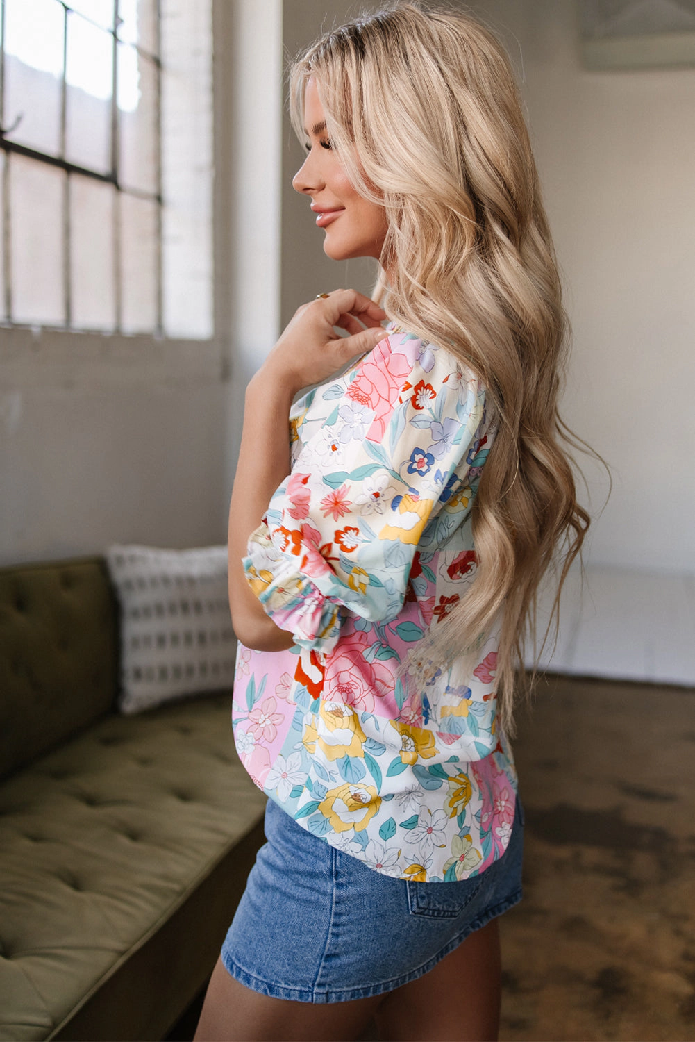 Threaded Pear Women's Solana Boho Flower Half Puff Sleeve Blouse