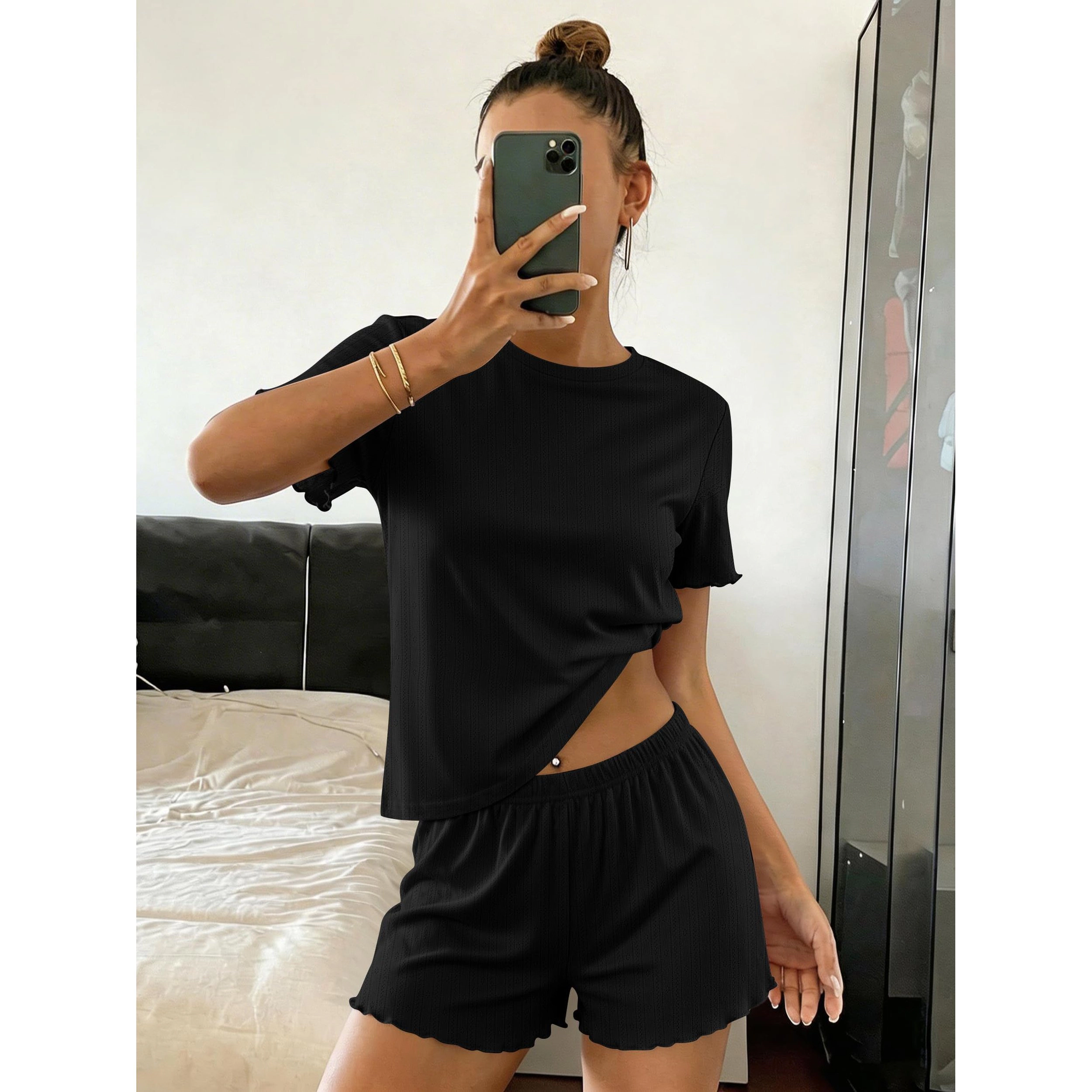 Ekouaer Cute Pajamas Womens Set Two Piece Ribbed Crop Top and Shorts Lounge