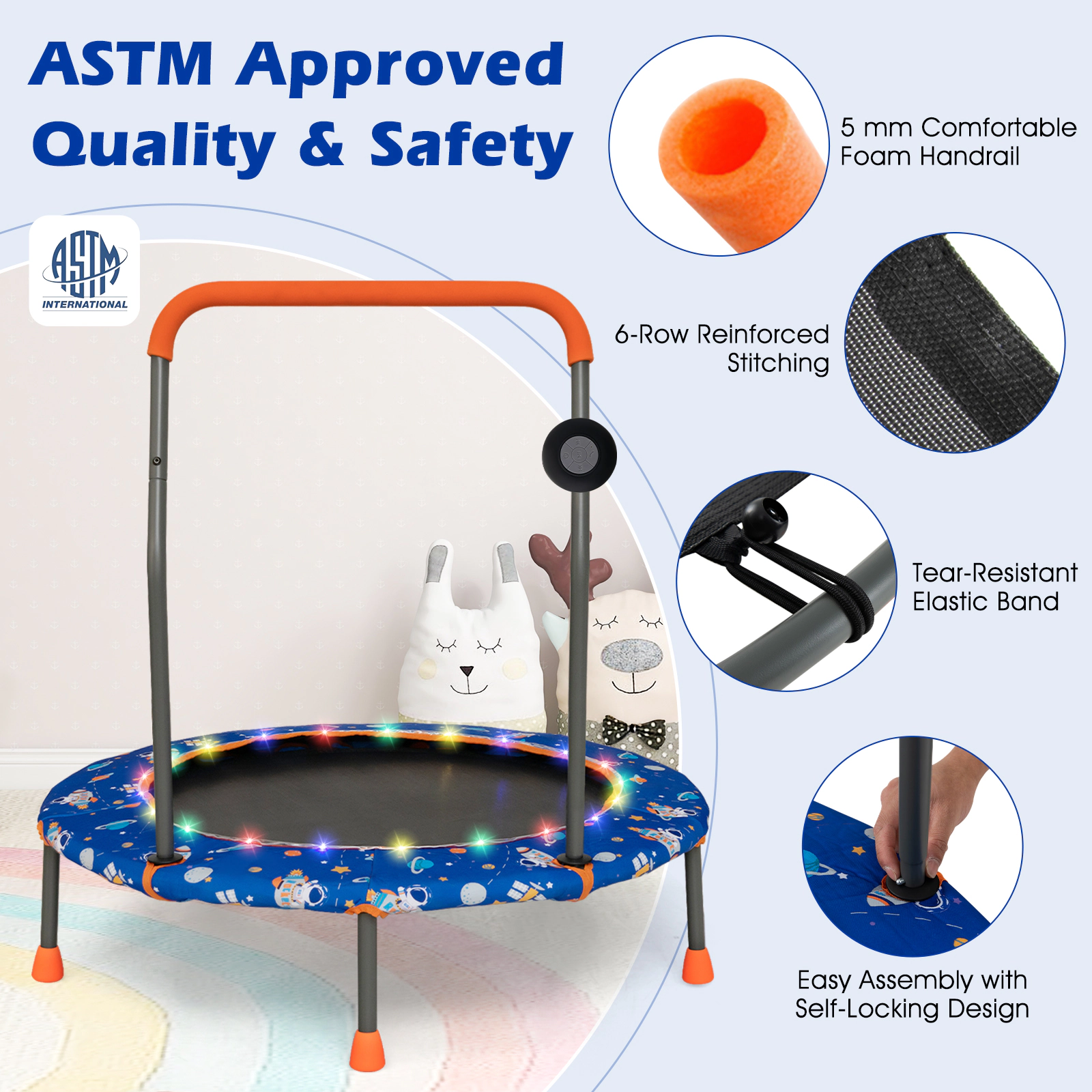 SUGIFT Blue Colorful LED Lights and Bluetooth Speaker 36 Inch Kids Mini Trampoline